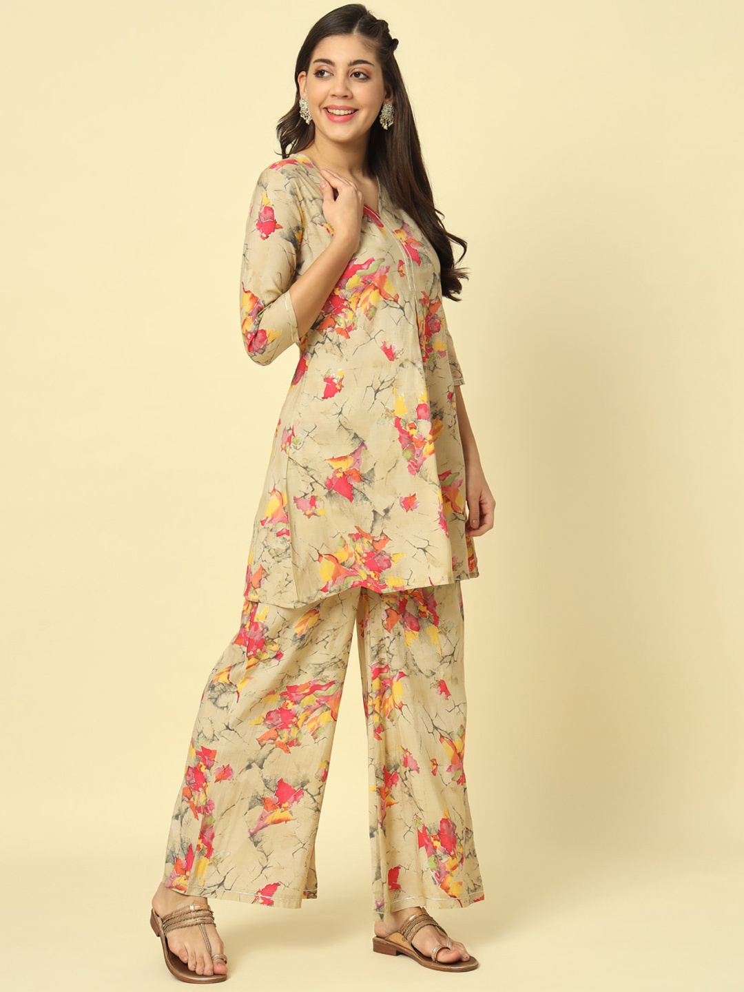 

Meeranshi Printed Pure Silk Tunic With Palazzo, Beige