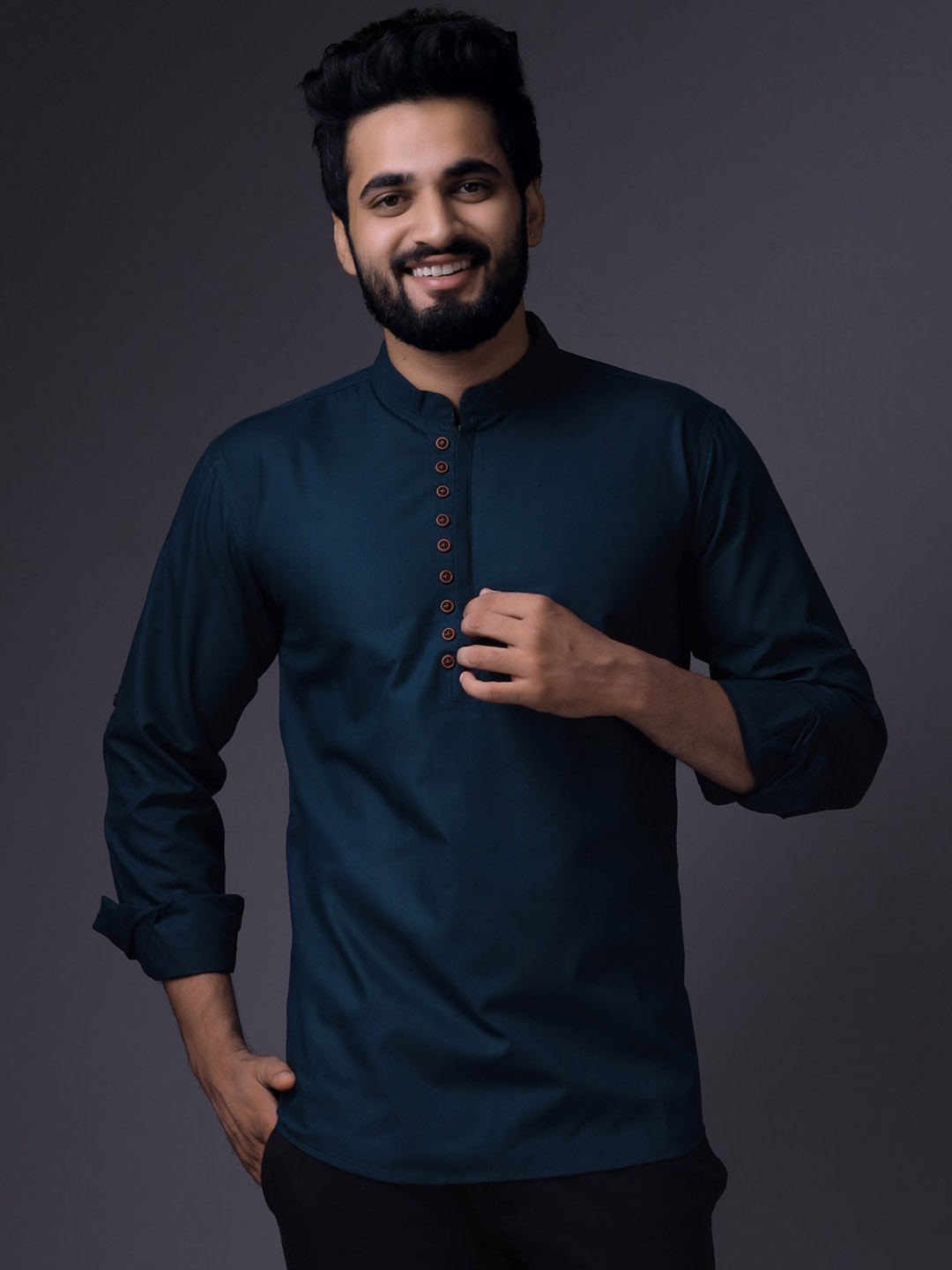 

BAESD Mandarin Collar Long Sleeves Pure Cotton Short Kurta, Blue