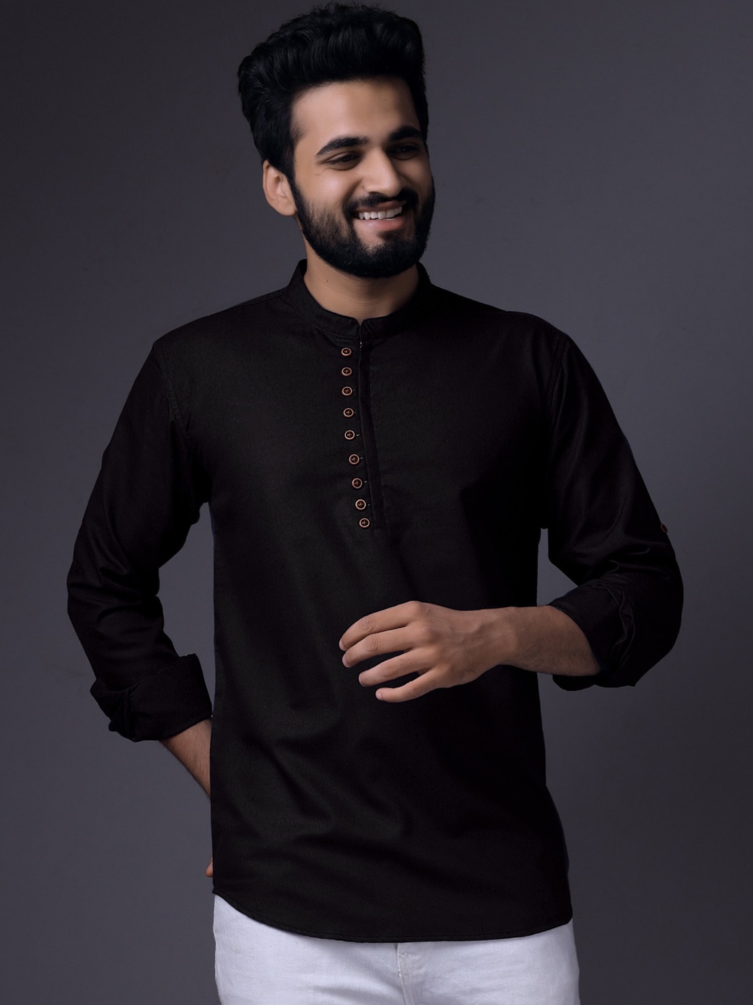 

BAESD Mandarin Collar Long Sleeves Pure Cotton Short Kurta, Black