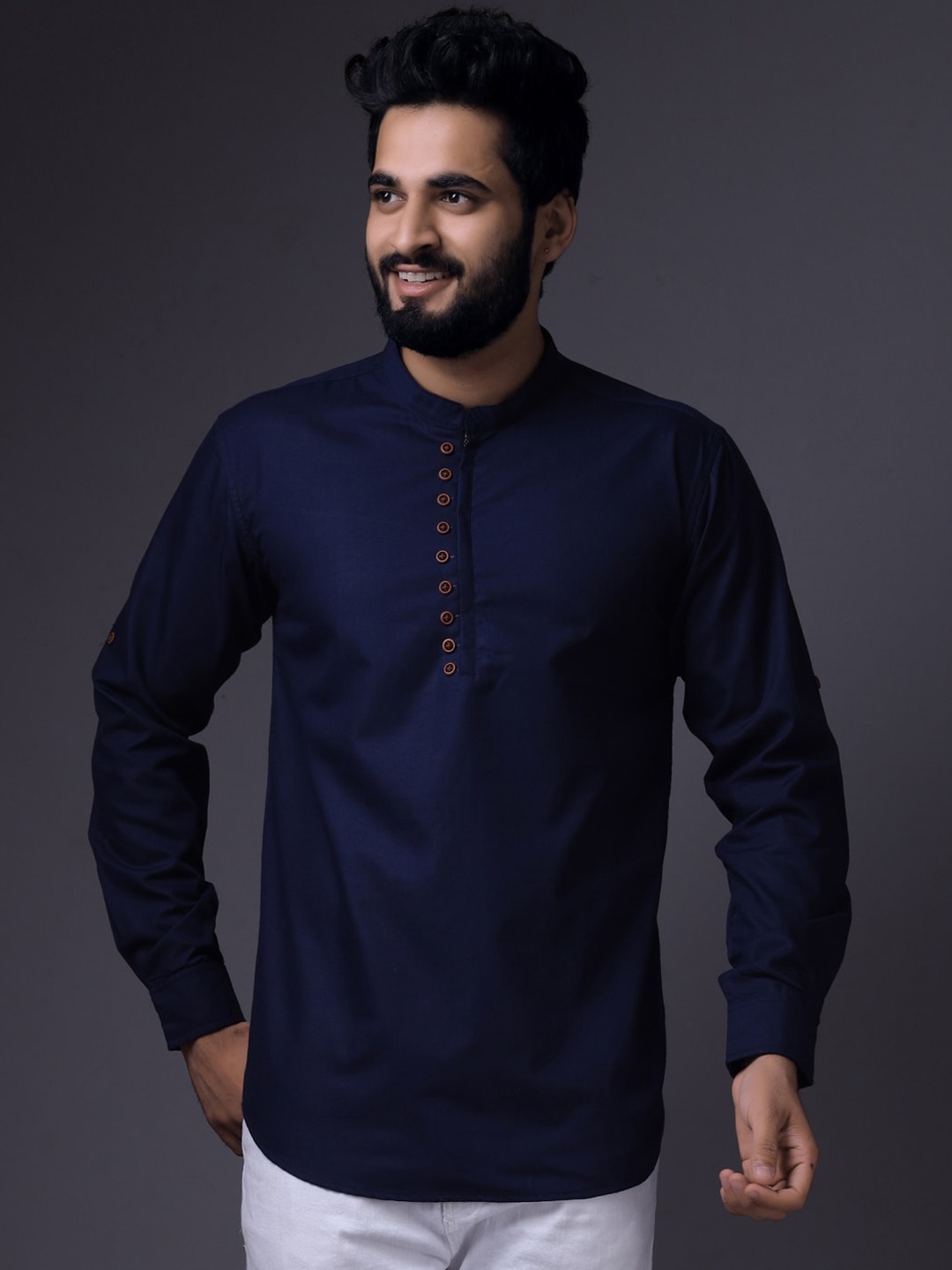 

BAESD Mandarin Collar Long Sleeves Pure Cotton Short Kurta, Navy blue