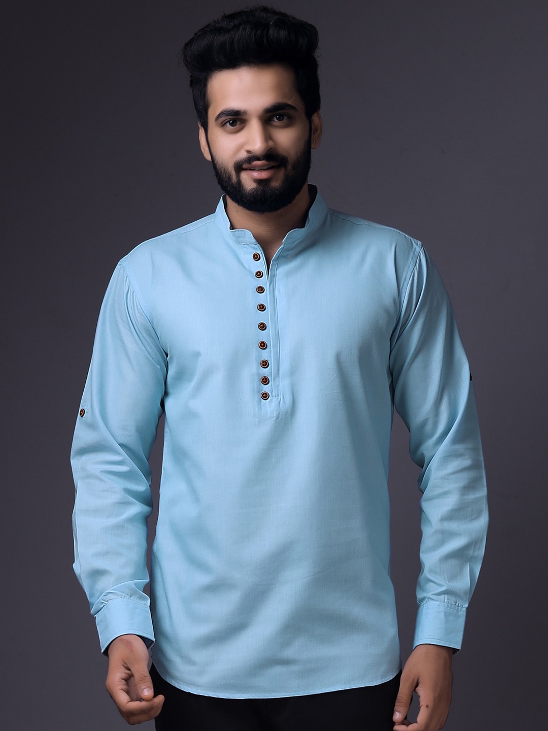 

BAESD Mandarin Collar Long Sleeves Pure Cotton Short Kurta, Turquoise blue