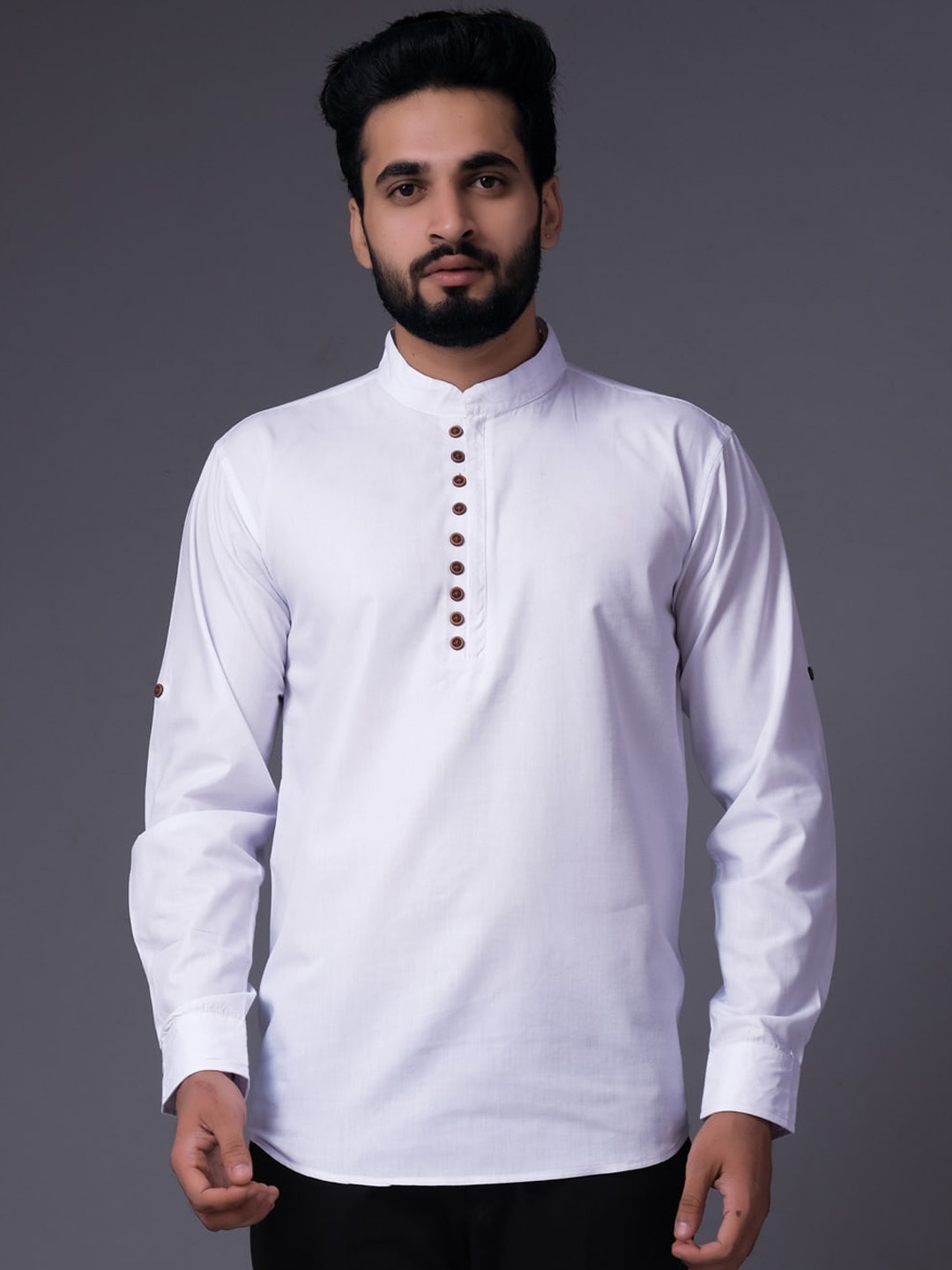 

BAESD Mandarin Collar Long Sleeves Pure Cotton Short Kurta, White