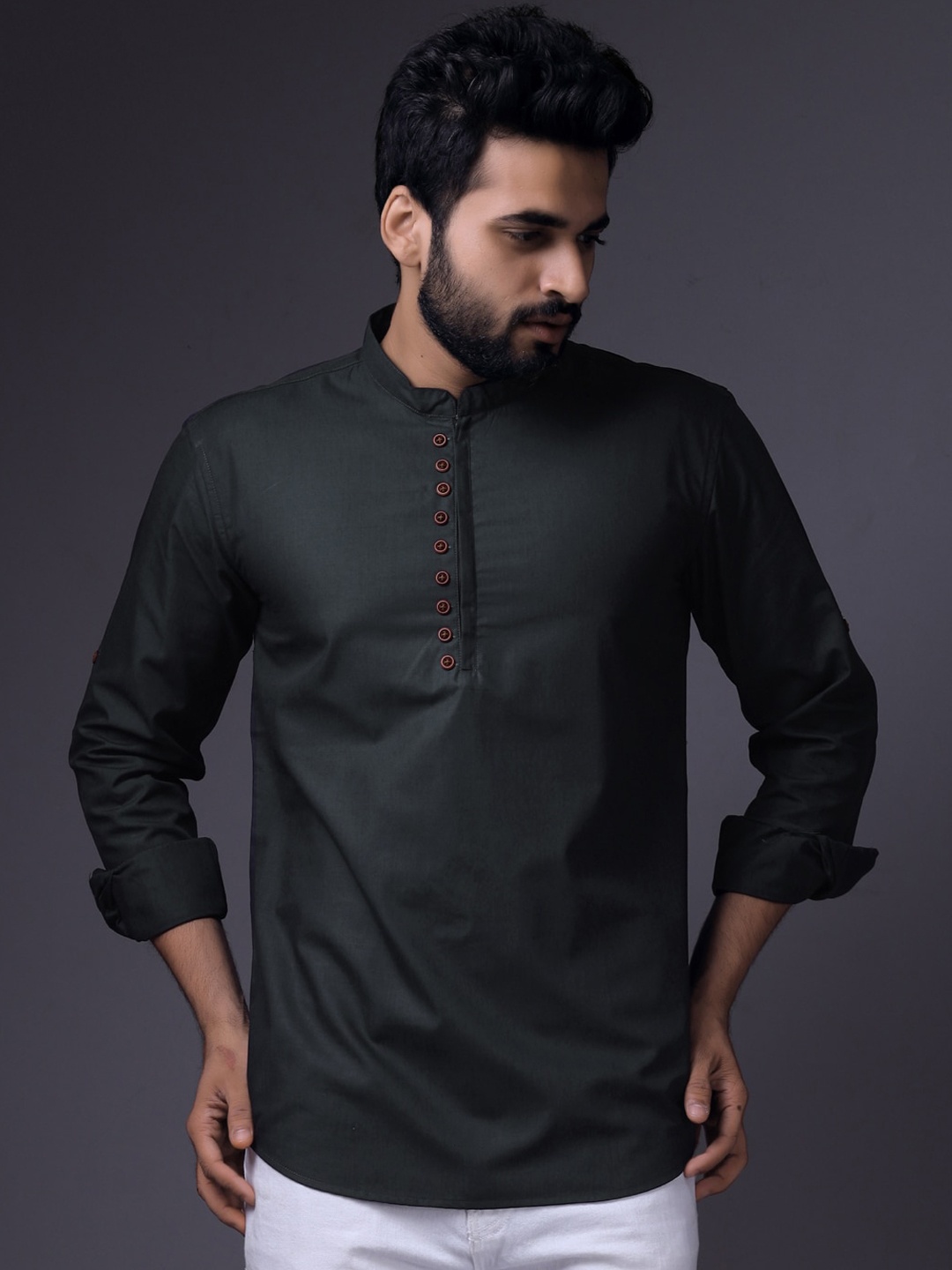 

BAESD Mandarin Collar Long Sleeves Pure Cotton Short Kurta, Grey