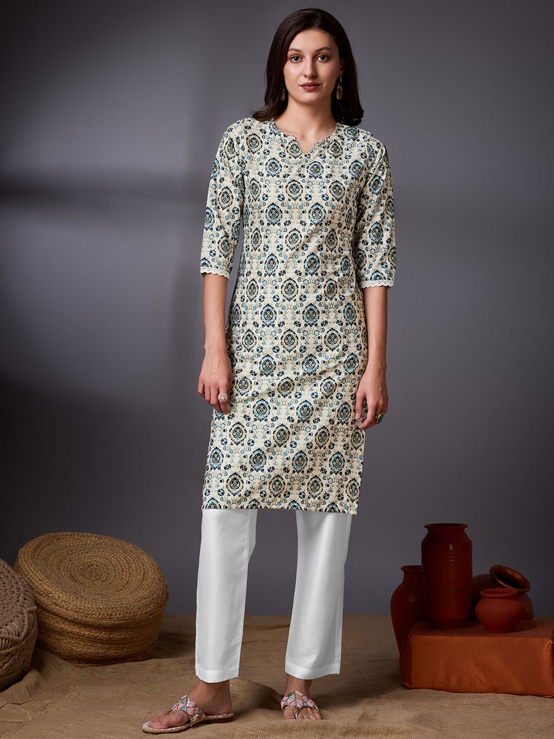 

KALINI Ethnic Motifs Printed Thread Work Kurta, Multi