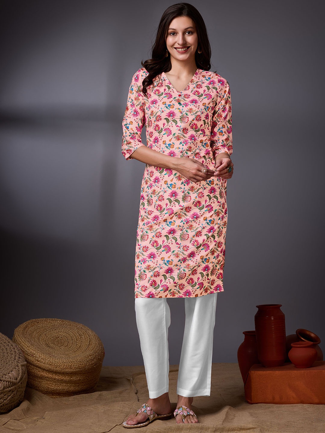 

KALINI Floral Printed Crepe A-Line Kurta, Peach