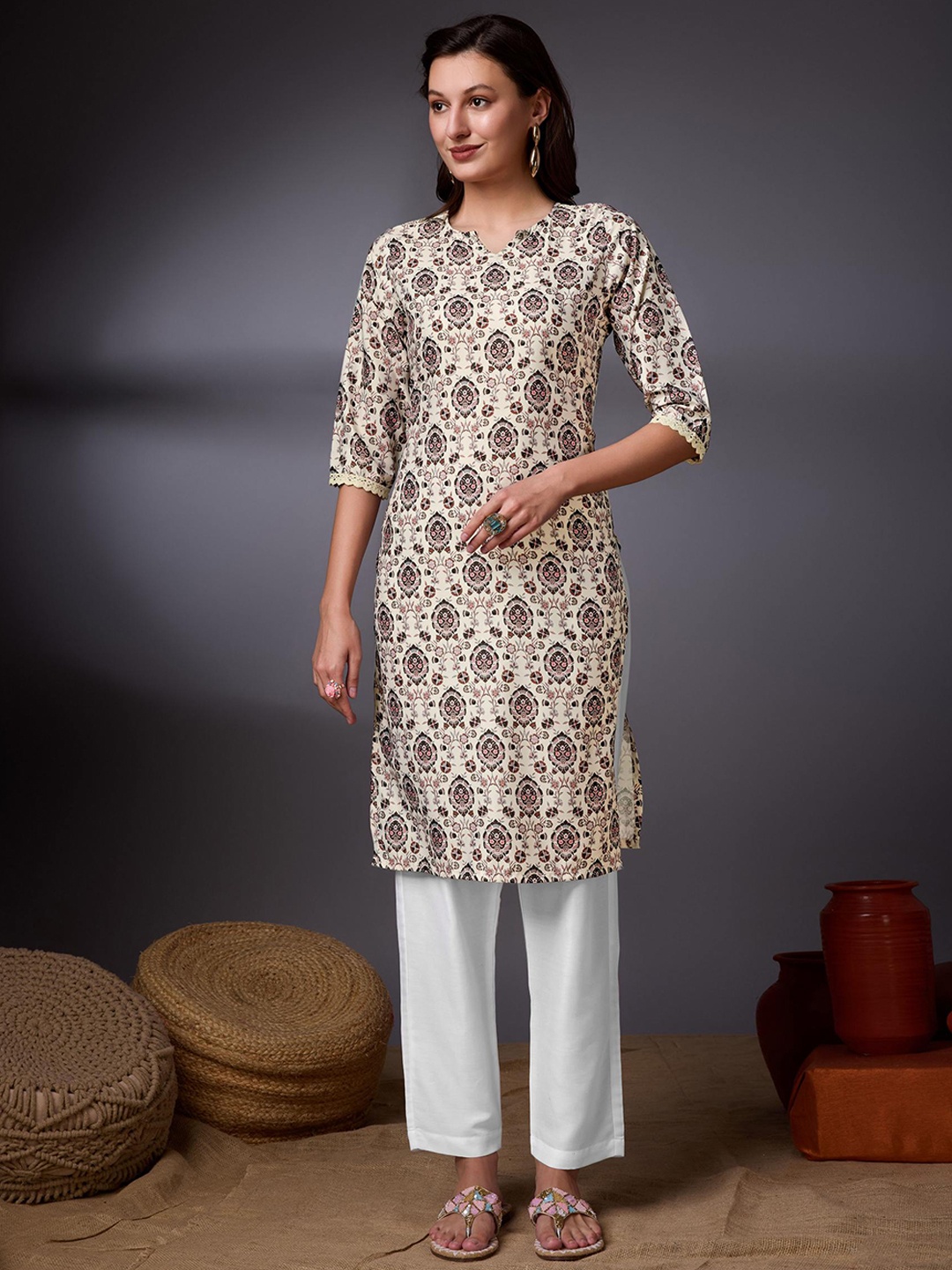 

KALINI Ethnic Motifs Printed Gotta Patti Crepe A-Line Kurta, Beige