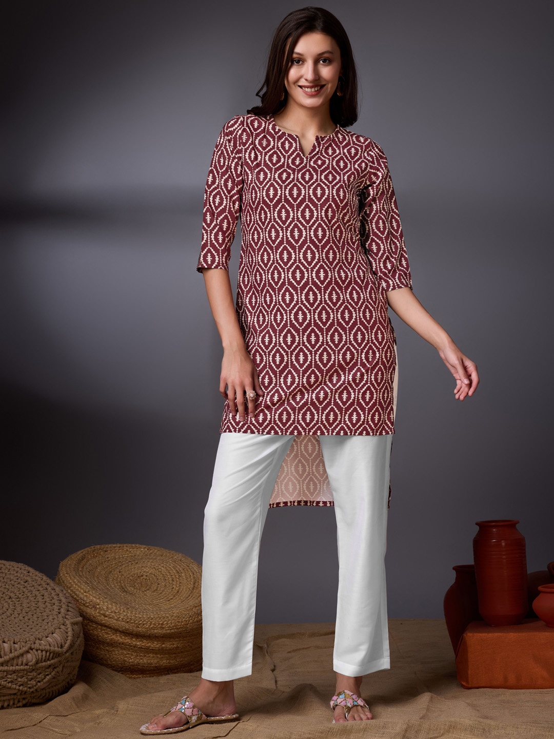 

KALINI Ethnic Motifs Printed Notched Neck Crepe Straight Kurta, Purple