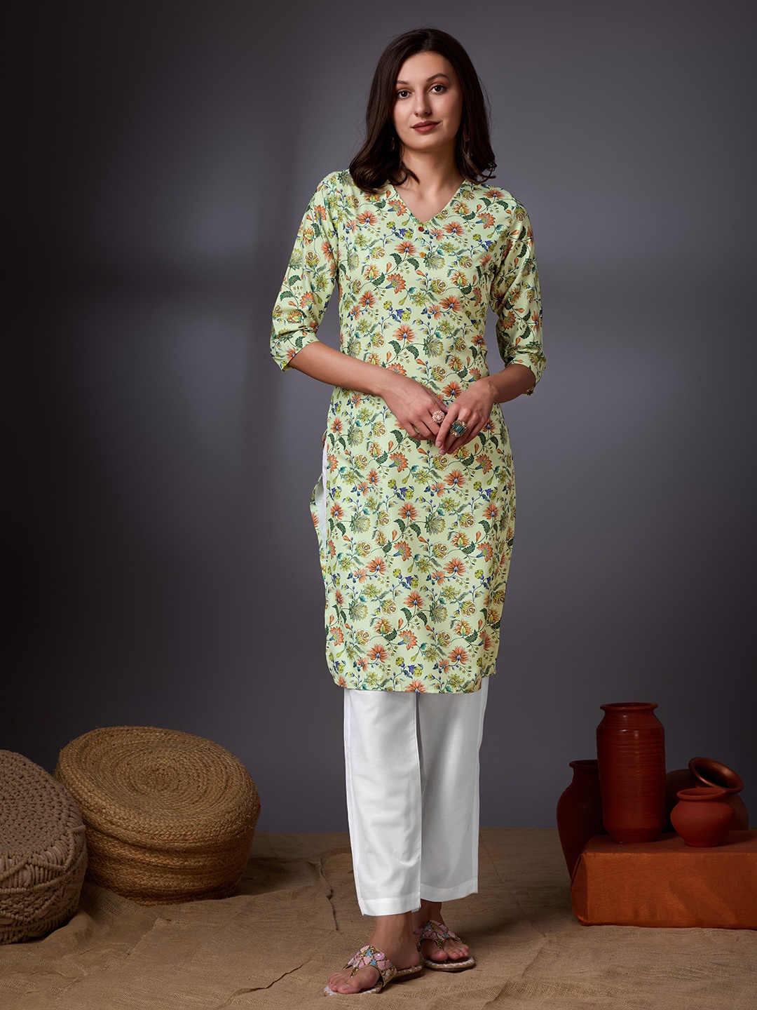 

KALINI Floral Printed V-Neck Three-Quarter Sleeves Straight Crepe Kurta, Green