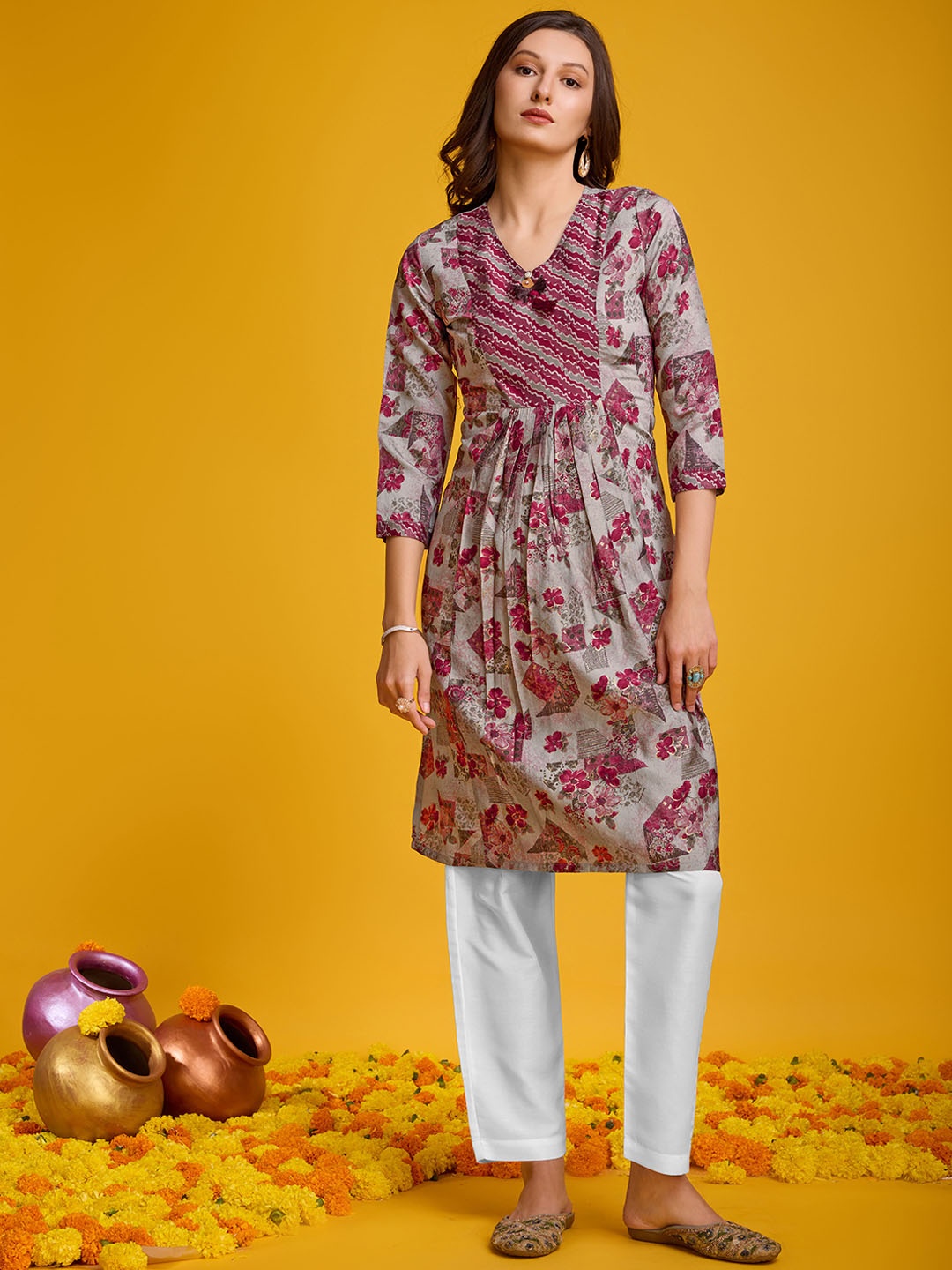 

KALINI Floral Printed V-Neck Pleated A-Line Chanderi Silk Kurta, Beige