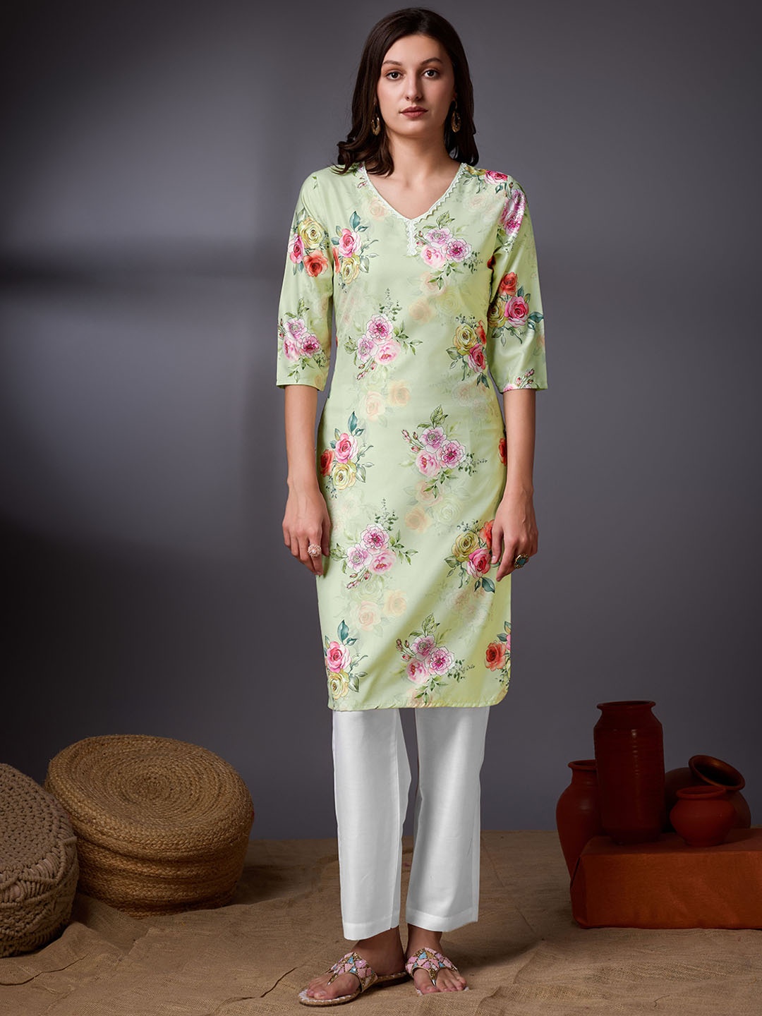 

KALINI Floral Printed V-Neck Crepe Straight Kurta, Sea green