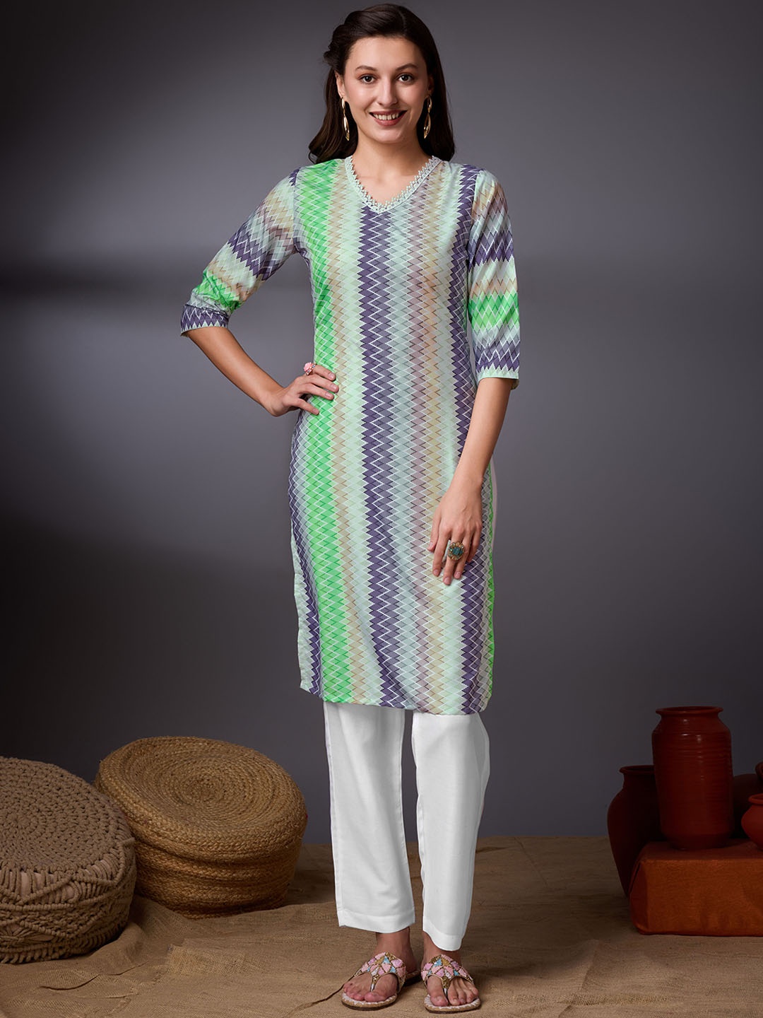 

KALINI Geometric Printed V-Neck Three-Quarter Sleeves Gotta Patti Straight Kurta, Green