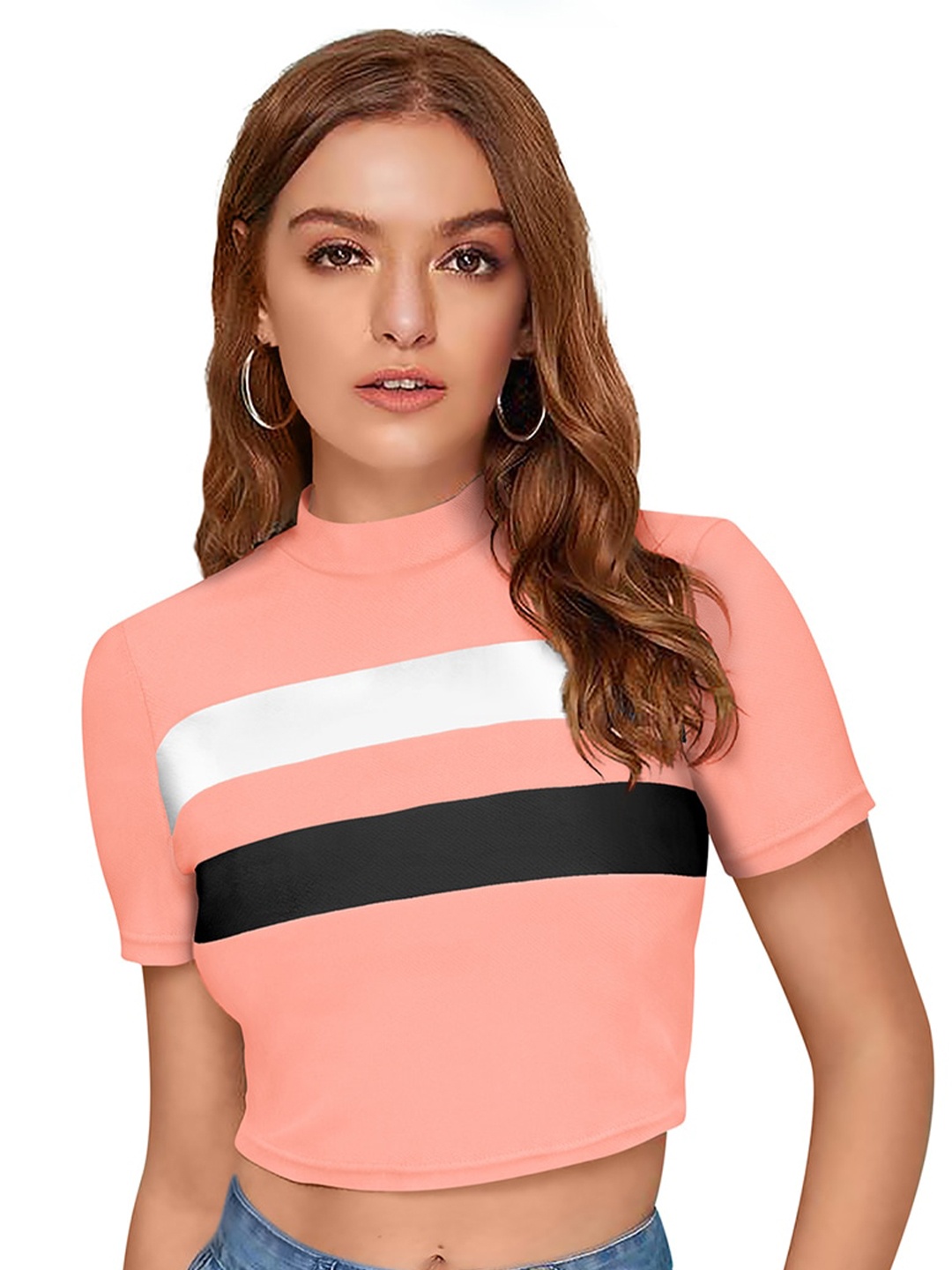 

BAESD Horizontal Striped High Neck Cotton Fitted Crop Top, Peach