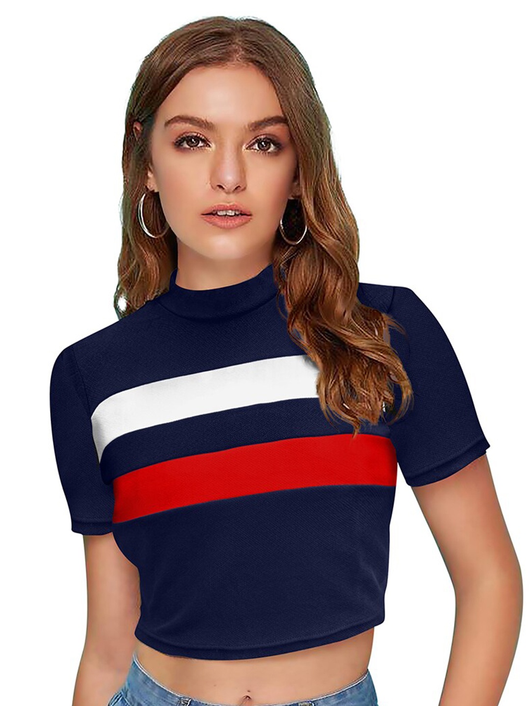 

BAESD Horizontal Striped High Neck Cotton Fitted Crop Top, Navy blue