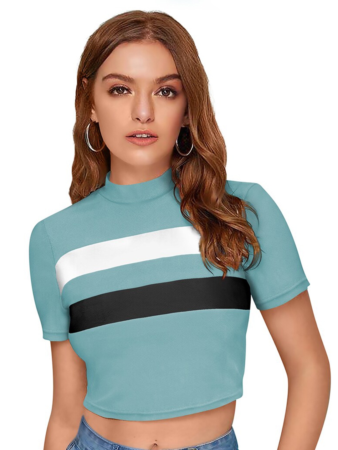 

BAESD Horizontal Striped High Neck Cotton Fitted Crop Top, Sea green