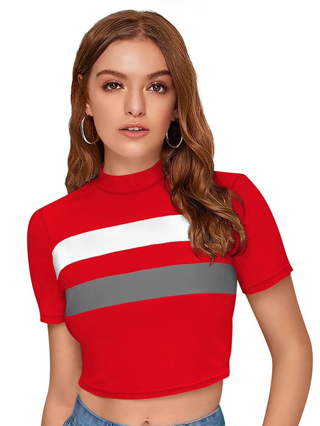 

BAESD Striped Printed High Neck Crop Top, Red