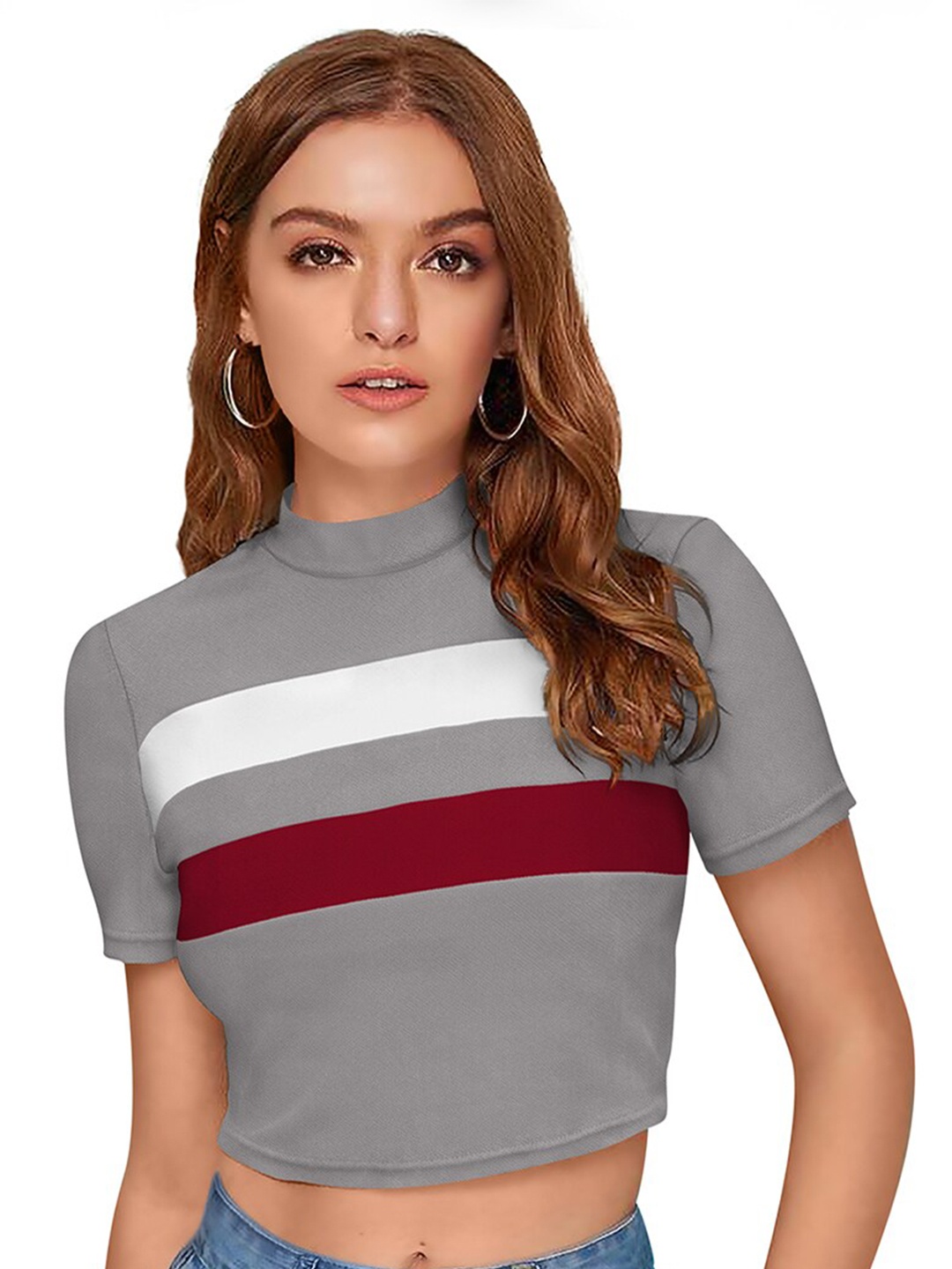 

BAESD Horizontal Striped High Neck Cotton Fitted Crop Top, Grey