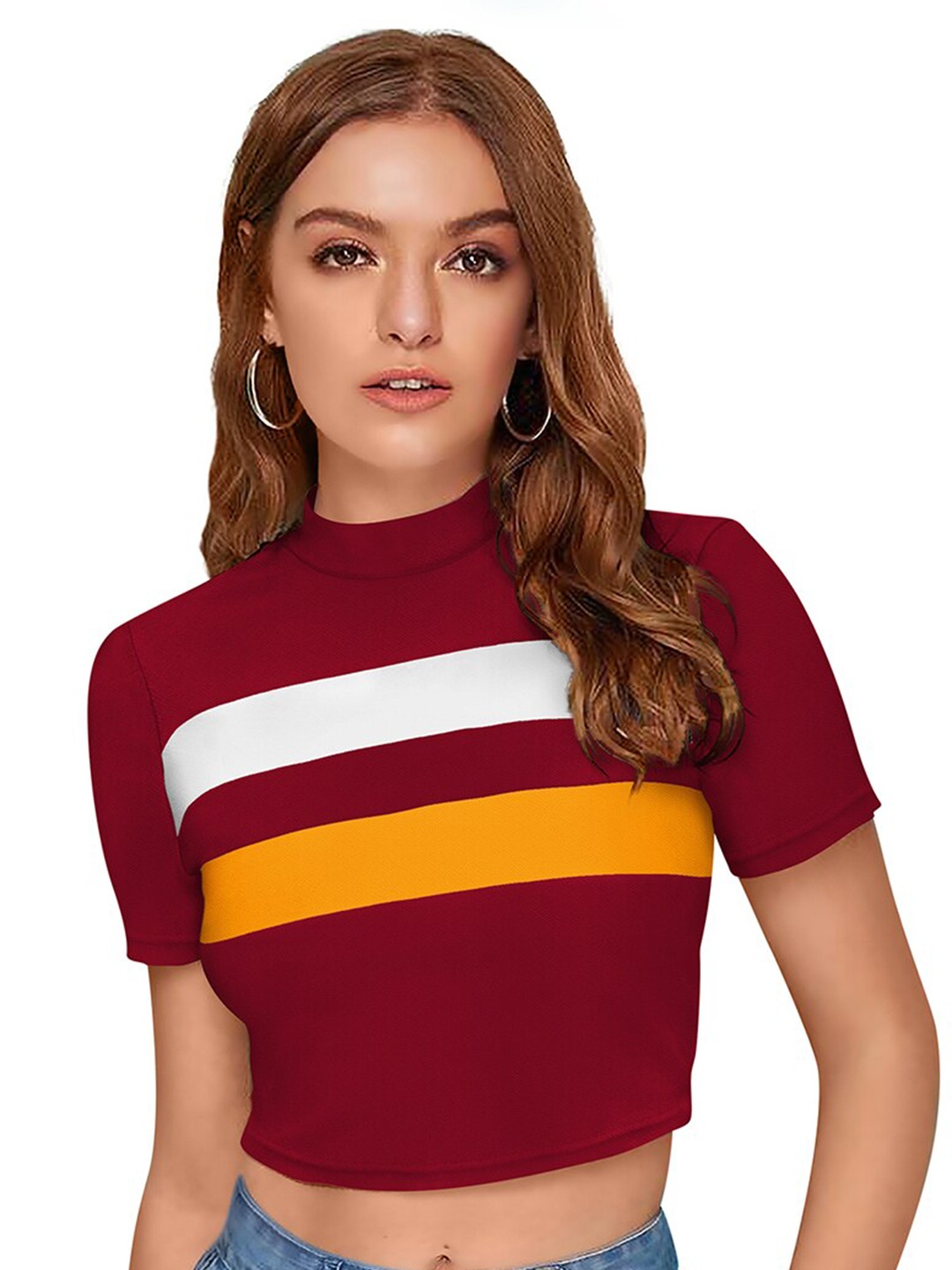 

BAESD Striped Printed High Neck Crop Top, Maroon