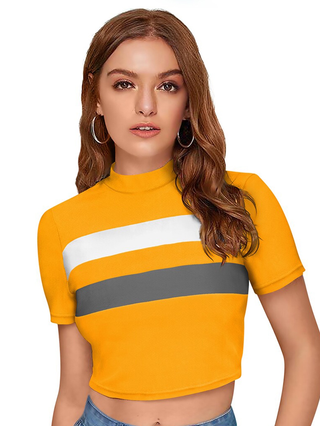 

BAESD Horizontal Striped High Neck Cotton Fitted Crop Top, Yellow