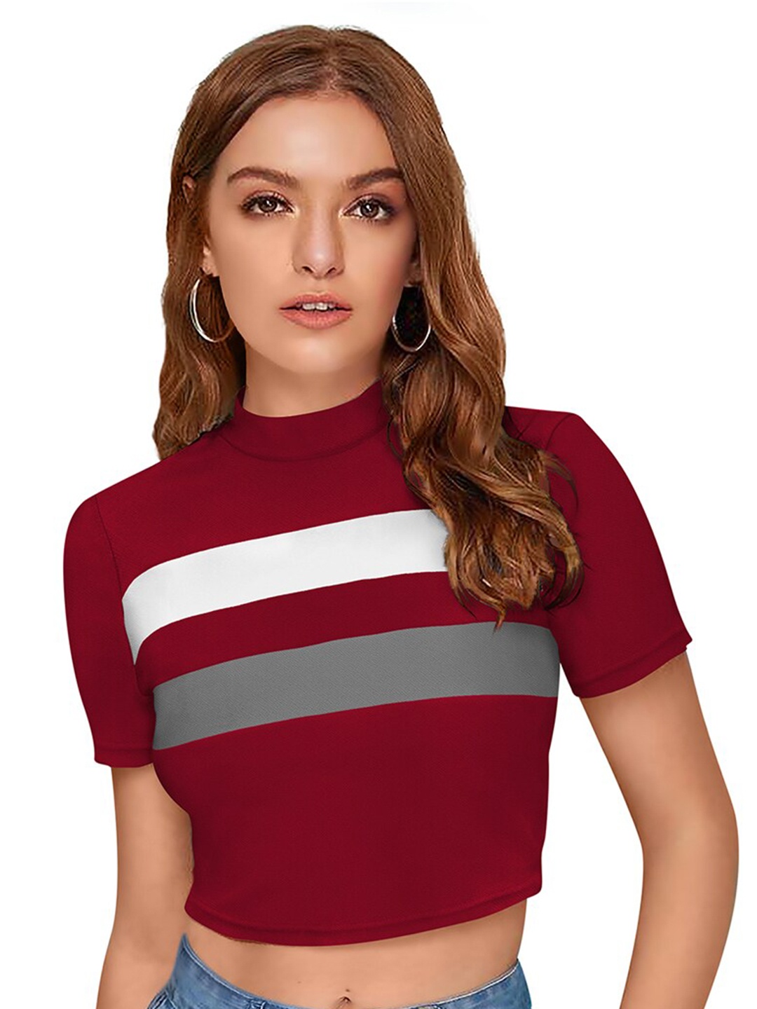 

BAESD Striped Printed High Neck Crop Top, Maroon