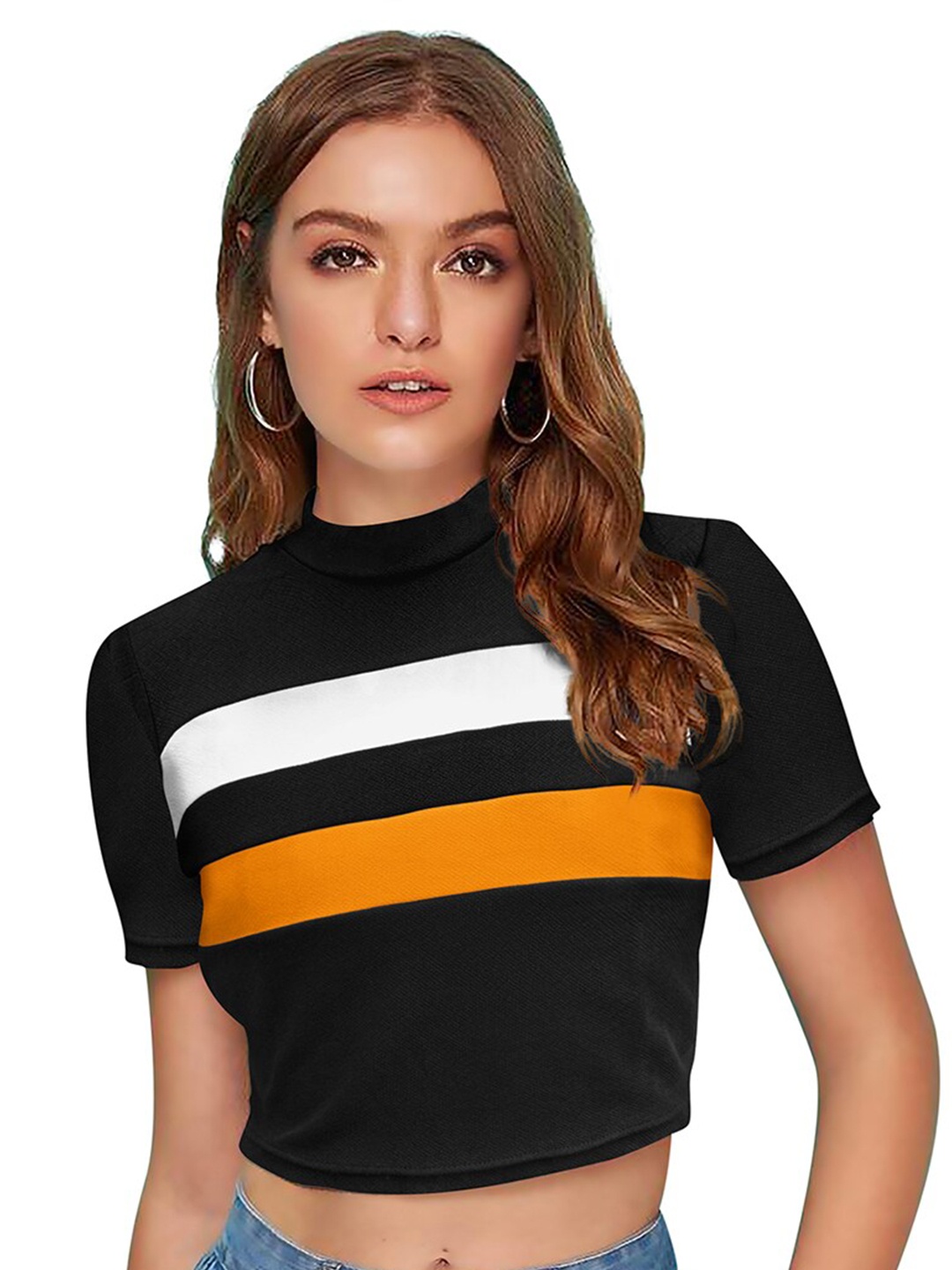

BAESD Striped Printed High Neck Crop Top, Black