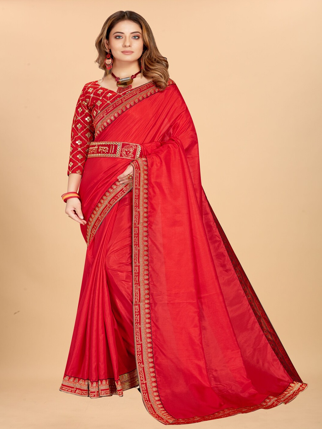 

Sadika Sequinned Belted Saree, Red