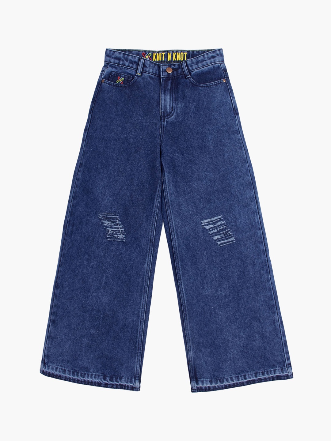 

Knit N Knot Girls Wide Leg High-Rise Mildly Distressed Cotton Jeans, Blue