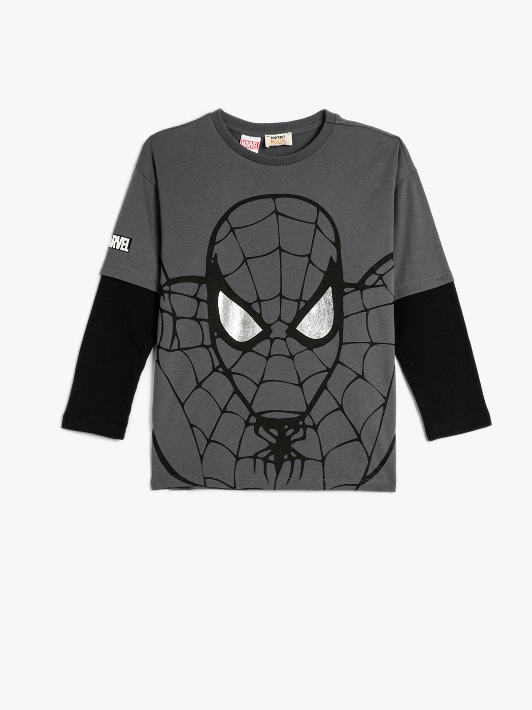 

Koton Boys Spider-Man Printed Drop-Shoulder Sleeves Pure Cotton T-shirt, Grey