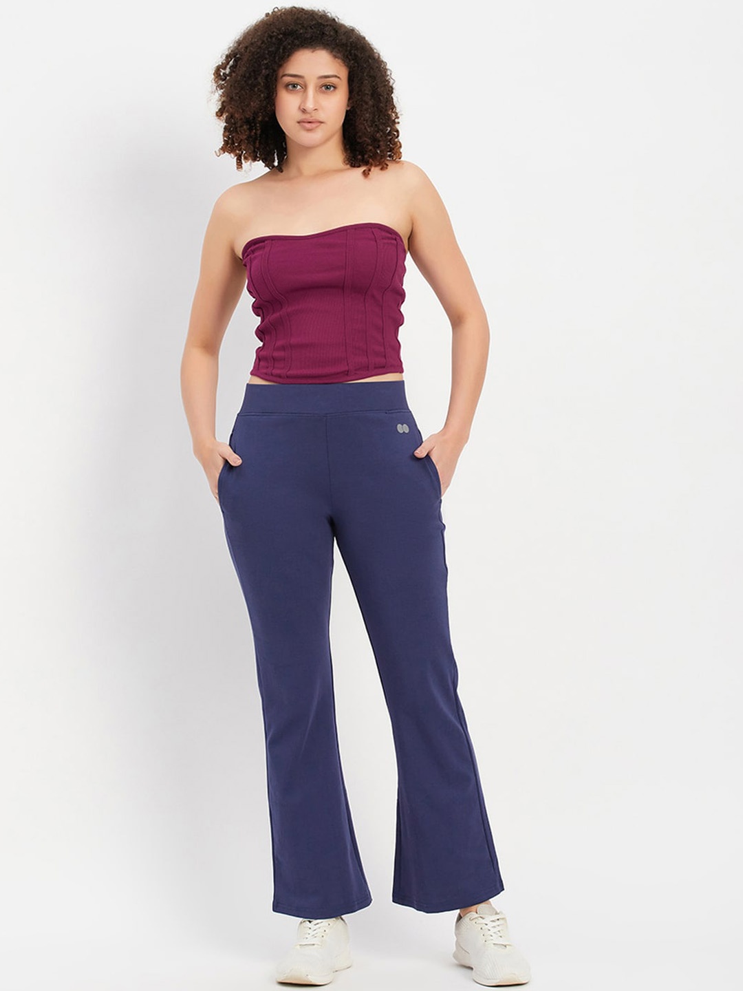 

Clovia Ribbed Cotton Top with High-Rise Flared Track Pants Tracksuits, Blue