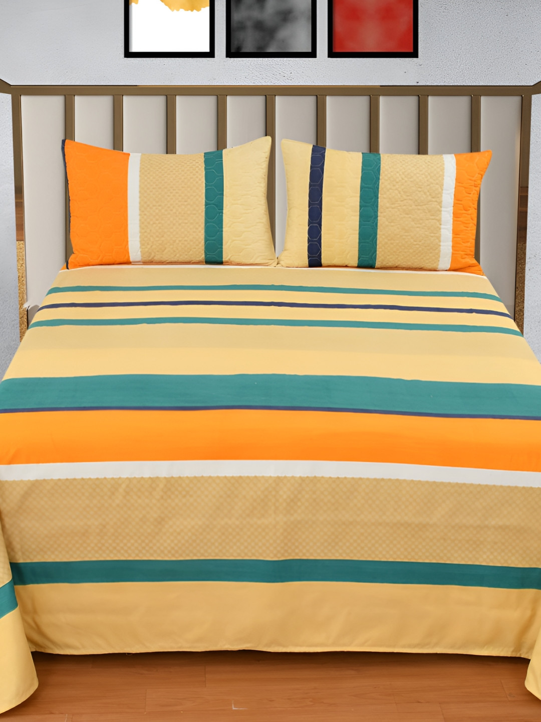 

Nivasam Yellow & Green Striped 400 TC King Bedsheet with 2 Pillow Covers
