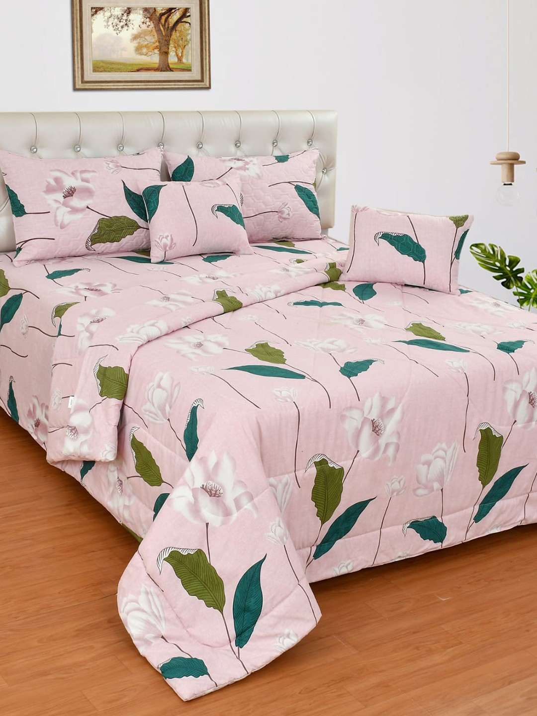 

Nivasam Pink & Green Floral Printed 400 TC King Bedsheet Set