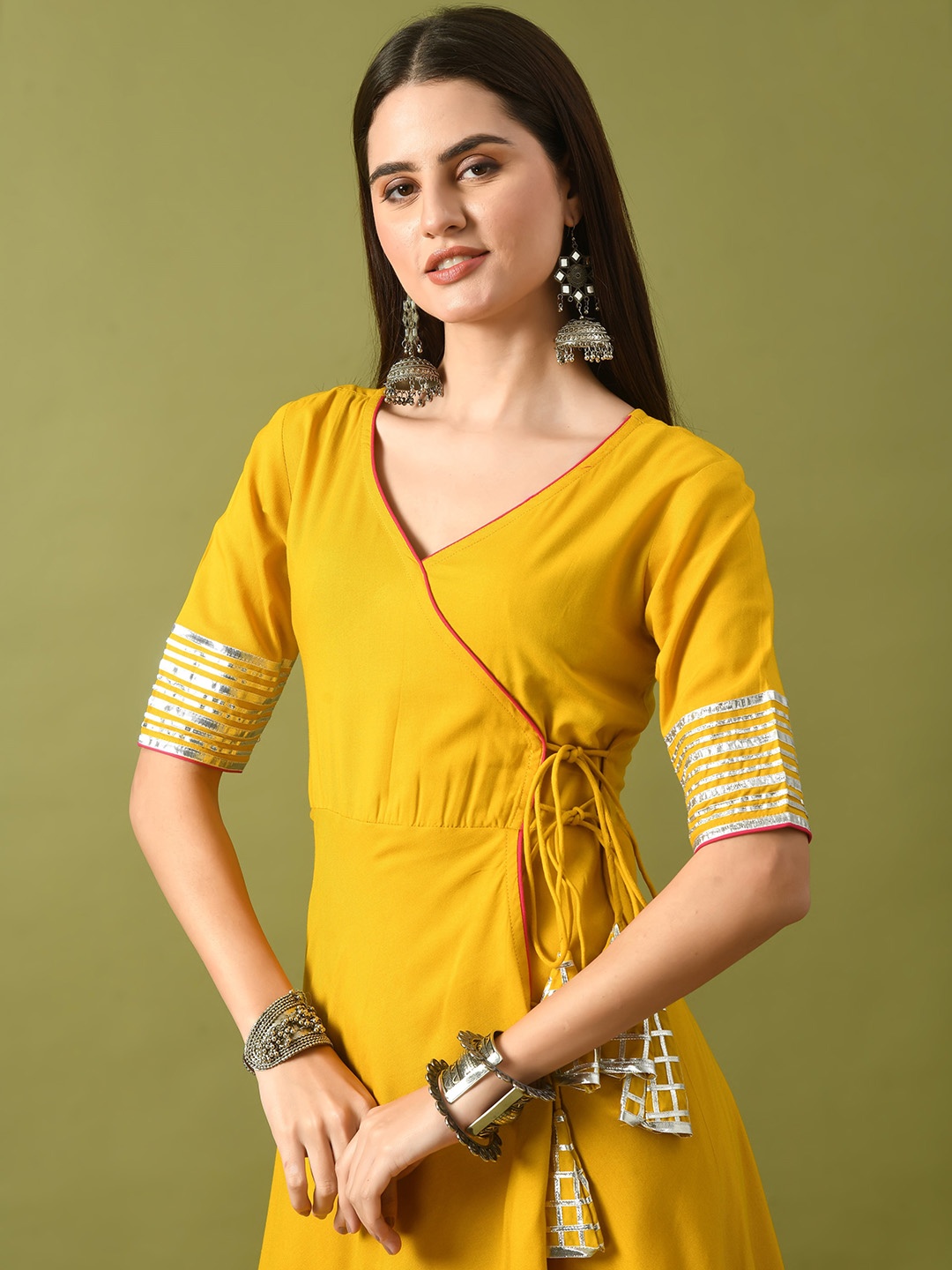 

ANNSH APPAREL V-Neck Angrakha Gotta Patti Kurti with Sharara, Yellow