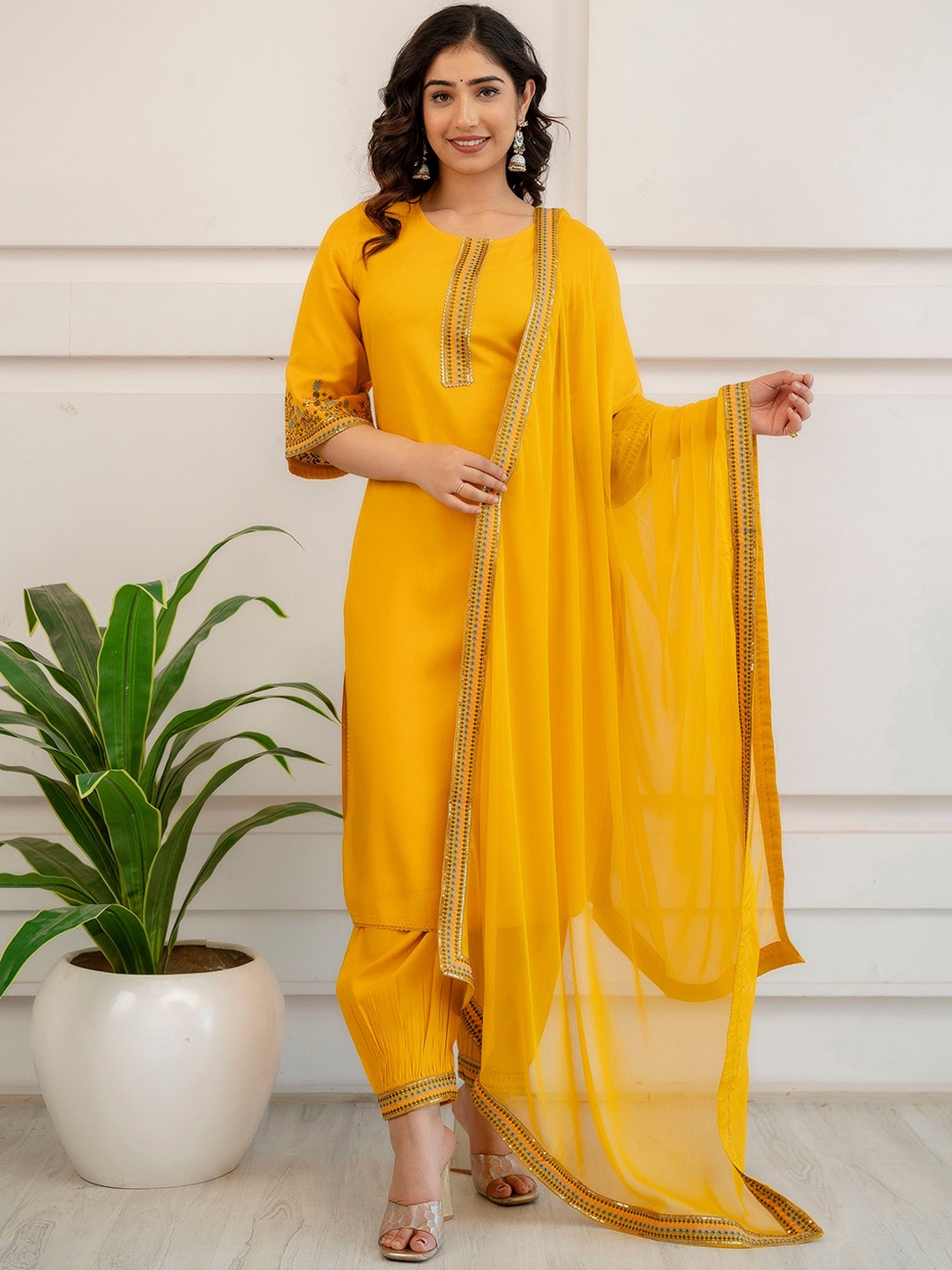 

CKM Ethnic Motifs Embroidered Zari Straight Kurta With Salwar & Dupatta, Mustard