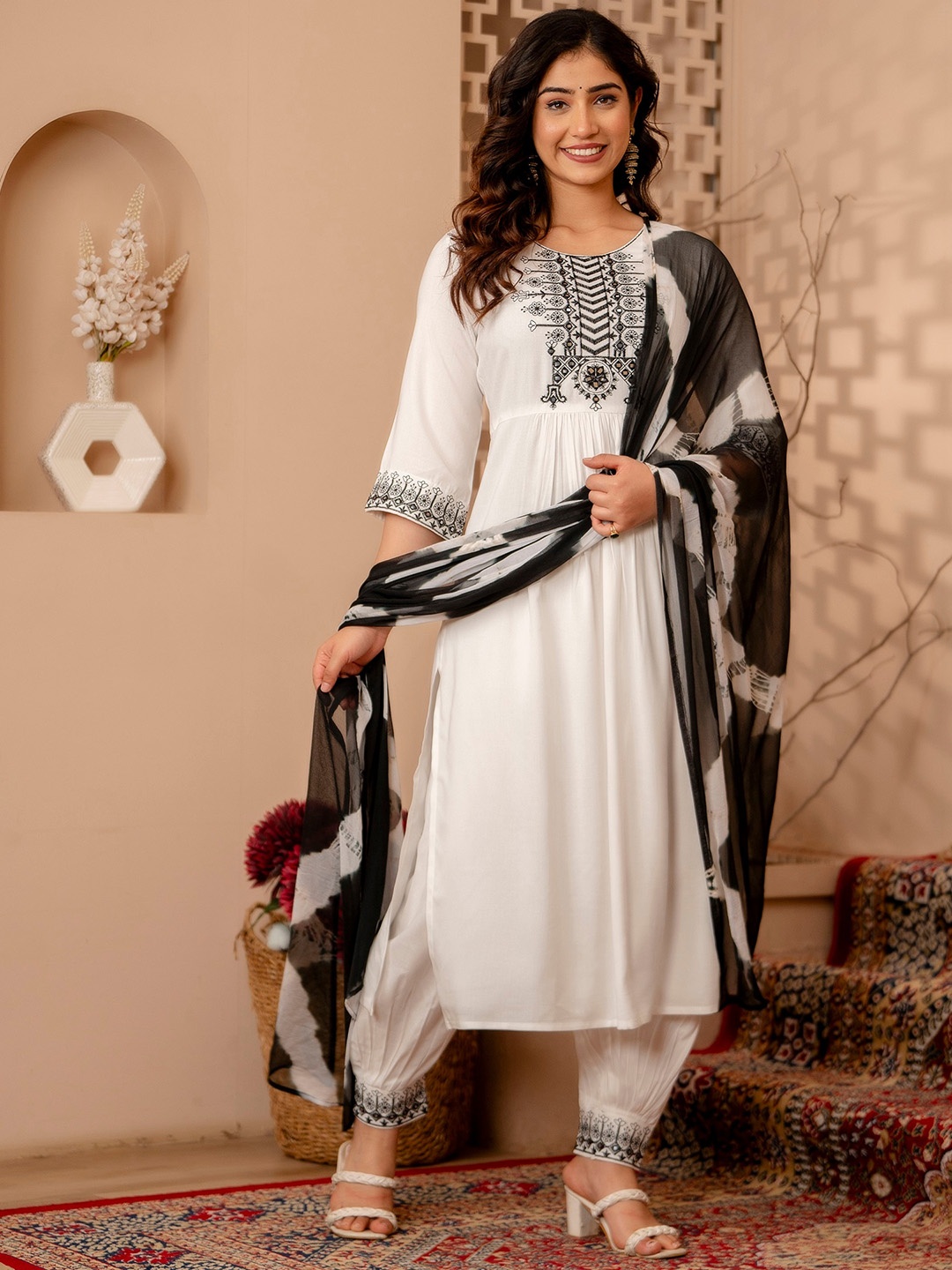 

CKM Floral Embroidered Empire A-Line Kurta With Trousers & Dupatta, White