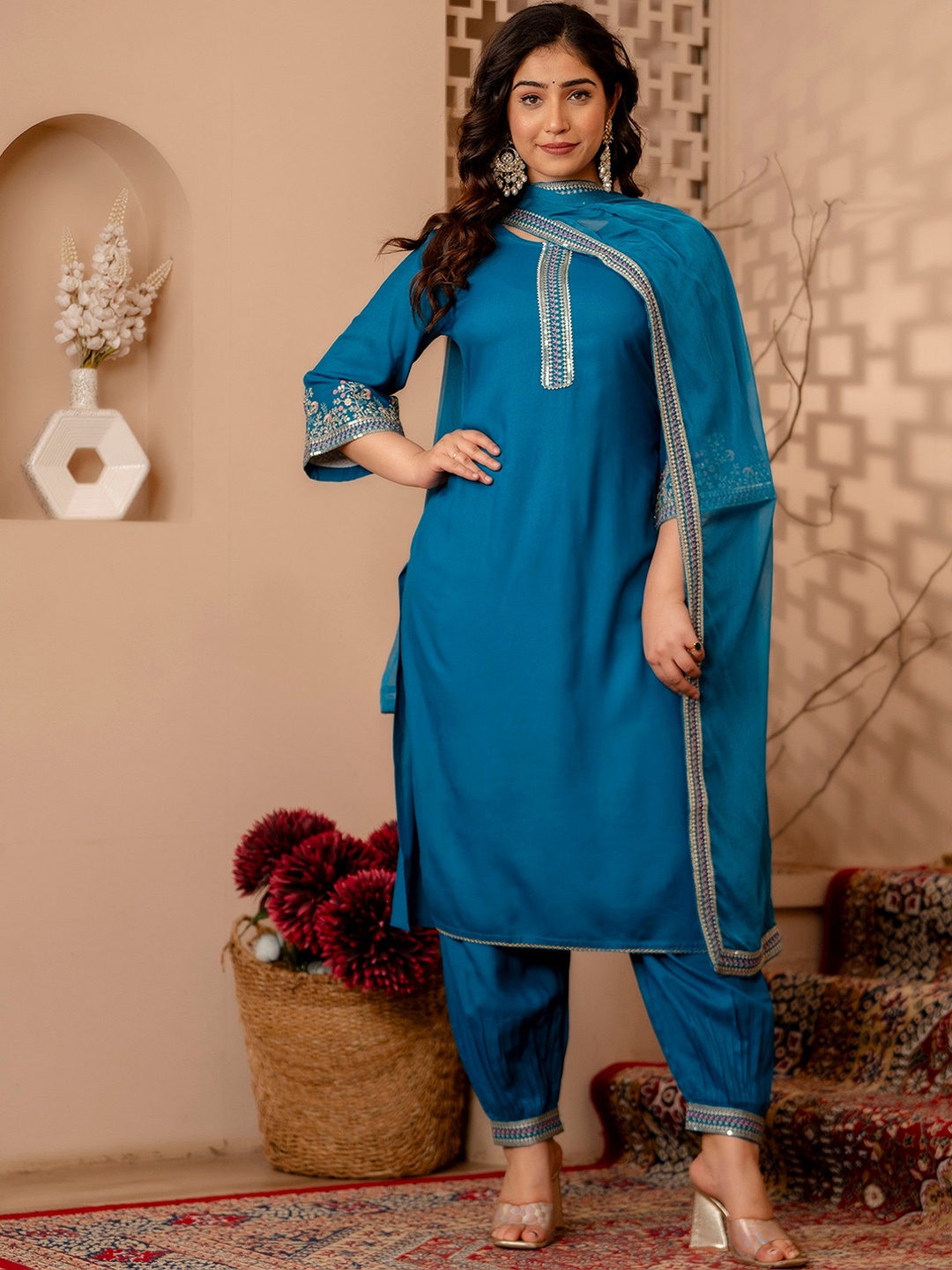 

CKM Gotta Patti Straight Kurta With Trousers & Dupatta, Green