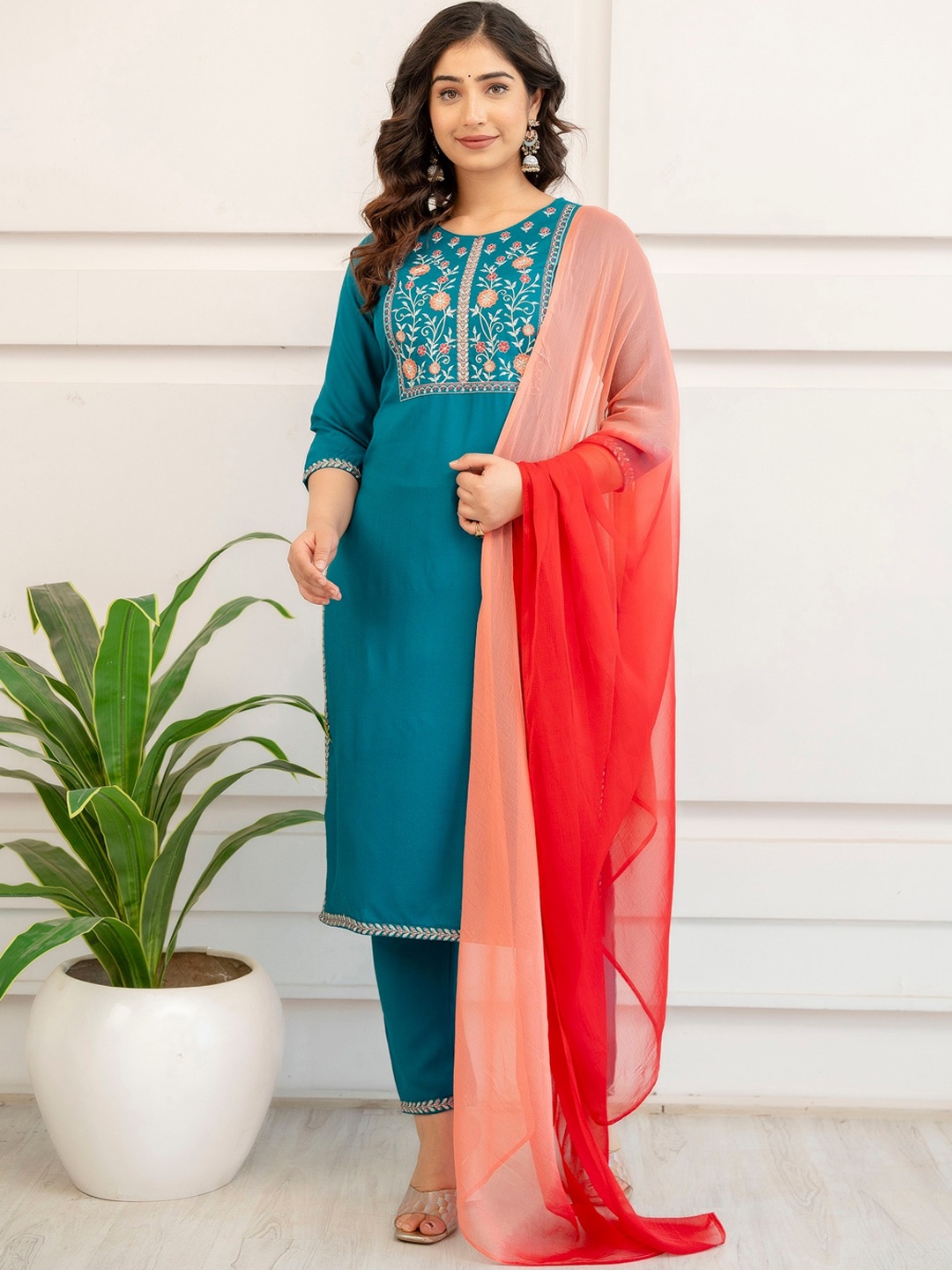 

CKM Floral Embroidered Straight Kurta With Trousers & Dupatta, Sea green