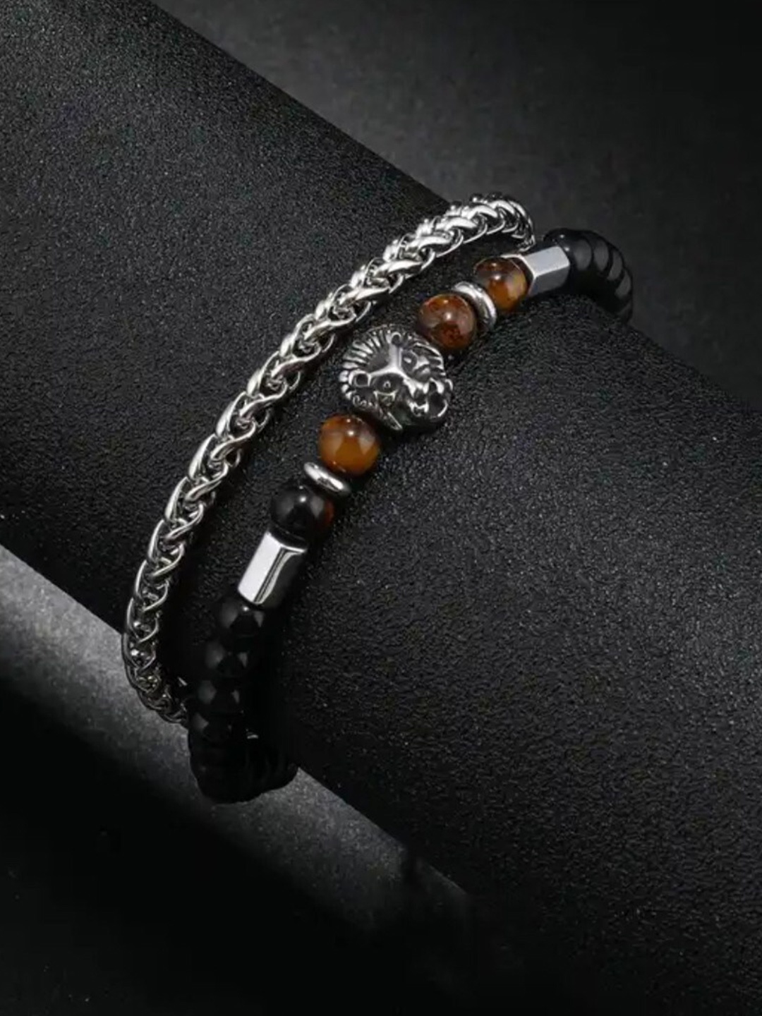 

SALTY Men Set Of 5 Enlightenment Stainless Steel Artifical Beaded Bracelet, Brown