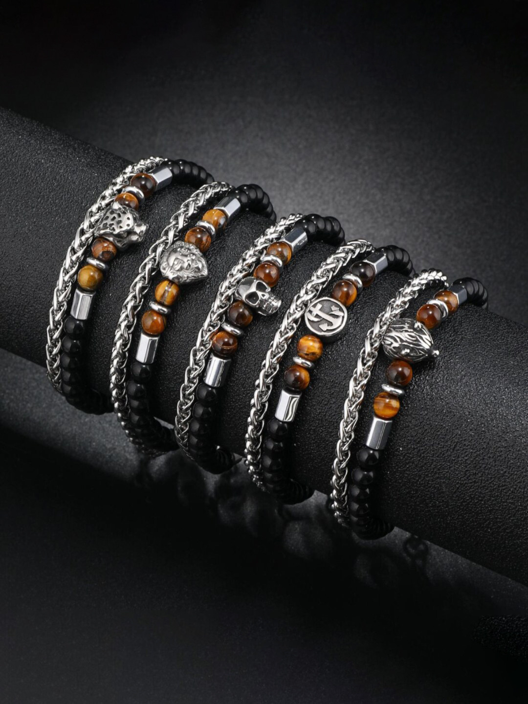 

SALTY Men Set Of 5 Stainless Steel Artificial Beads-Beaded Wraparound Bracelet, Brown