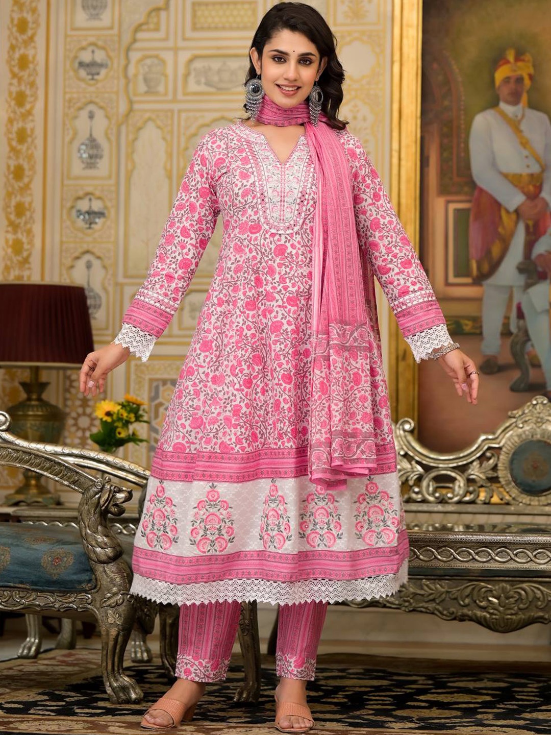 

Varanga Floral Printed Panelled Pure Cotton Kurta with Trouser & Dupatta, White