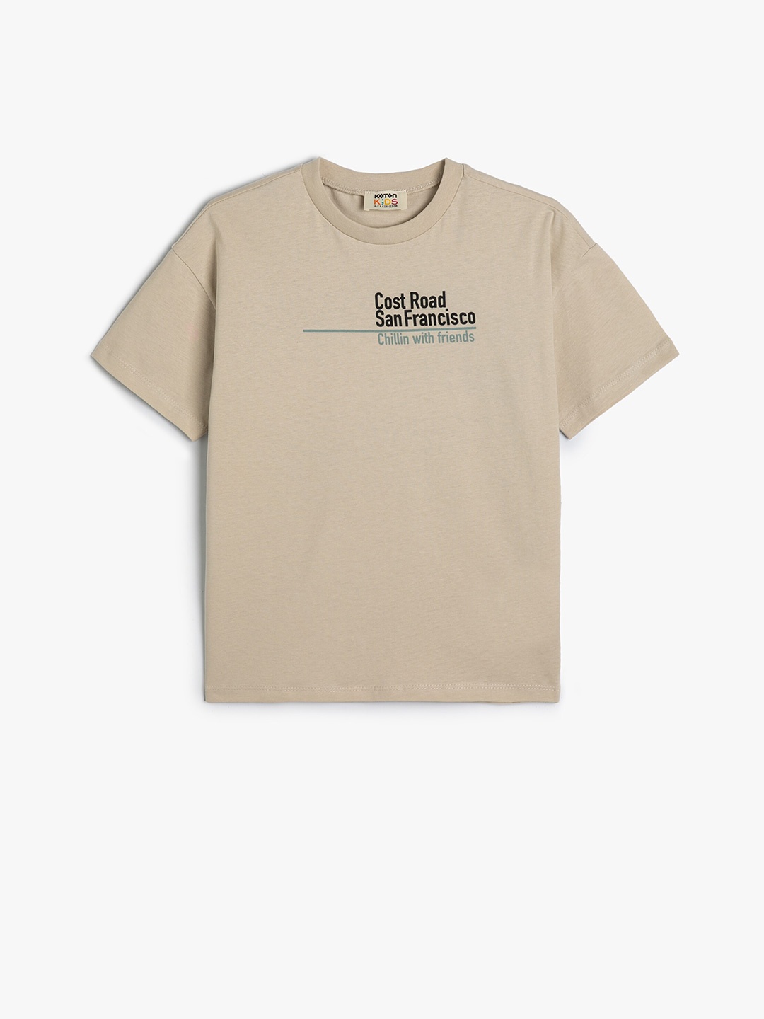 Koton Boys Typography Printed Pure Cotton Oversized Casual T-shirt, Beige
