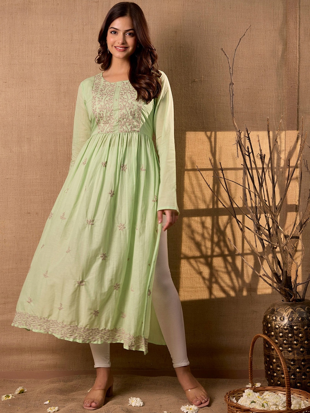 

CKM Floral Embroidered Round Neck Long Sleeves Anarkali Kurta, Green