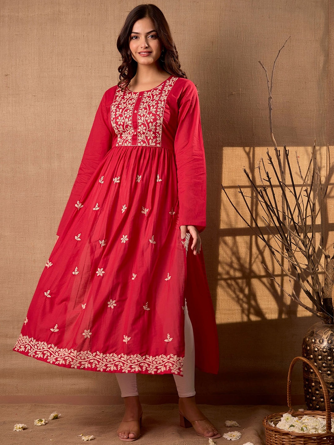 

CKM Floral Embroidered Round Neck Long Sleeves Anarkali Kurta, Pink