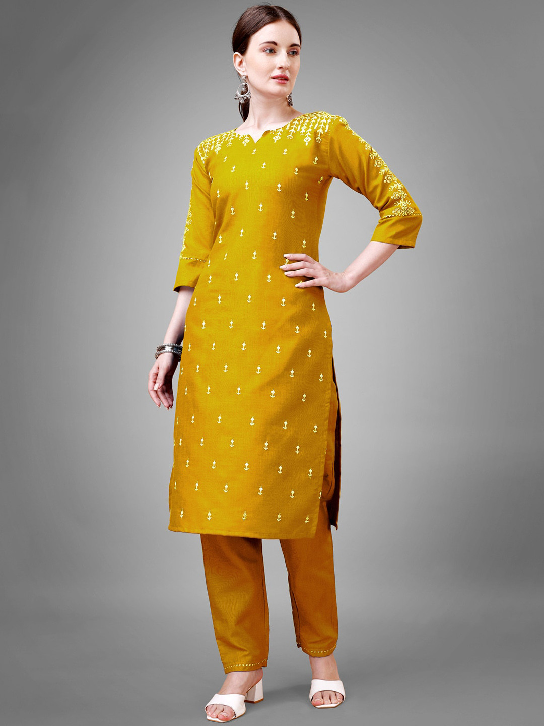 

ARADHNA Ethnic Motifs Embroidered Round Neck Thread Work Straight Kurti with Trousers, Yellow
