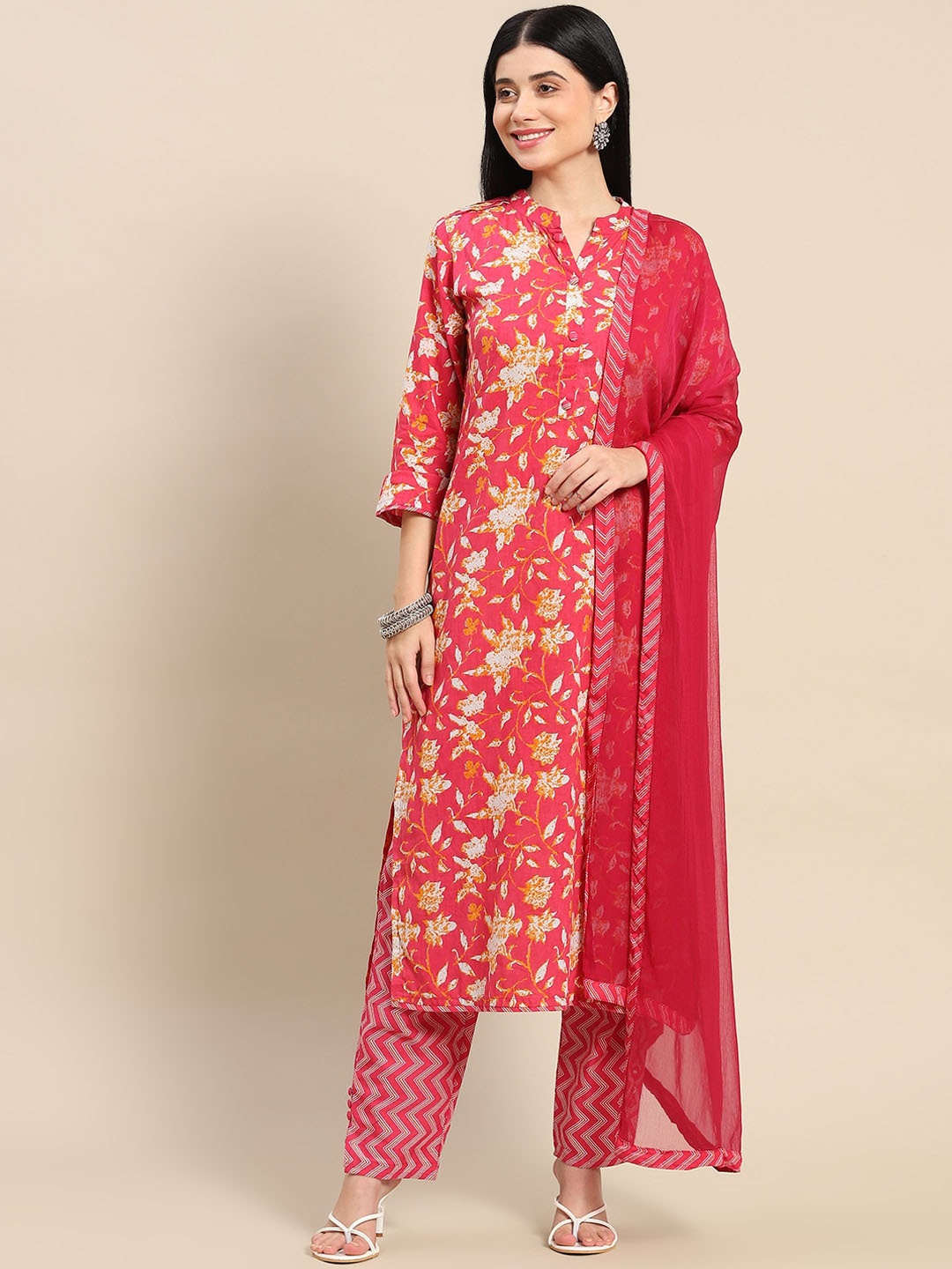 

ASHRU Floral Printed Collared Neck Patchwork Kurta with Palazzos & With Dupatta, Pink