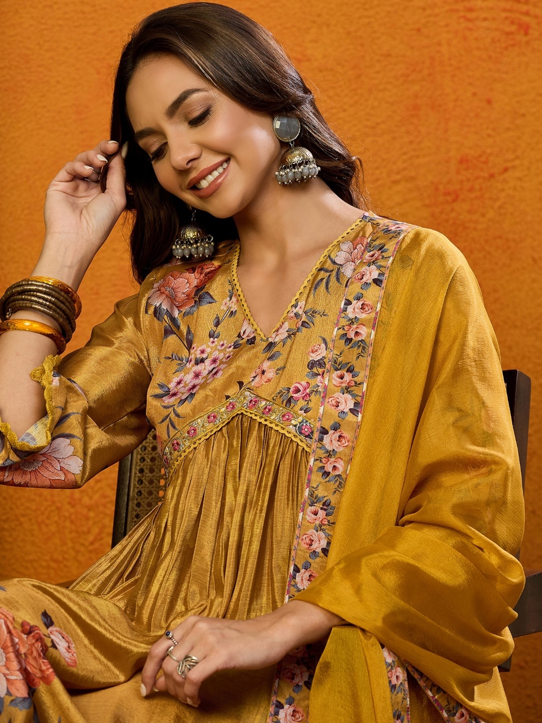 

AHIKA Floral Printed Empire Thread Work Kurta With Trousers & Dupatta, Mustard