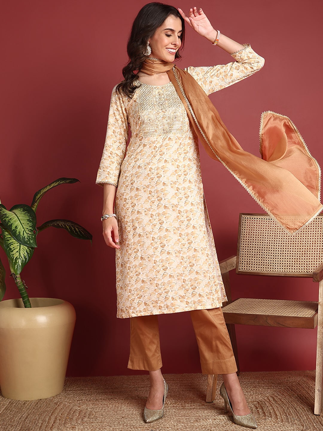 

AHIKA Women Embroidered Regular Kurta with Trousers & With Dupatta, Brown