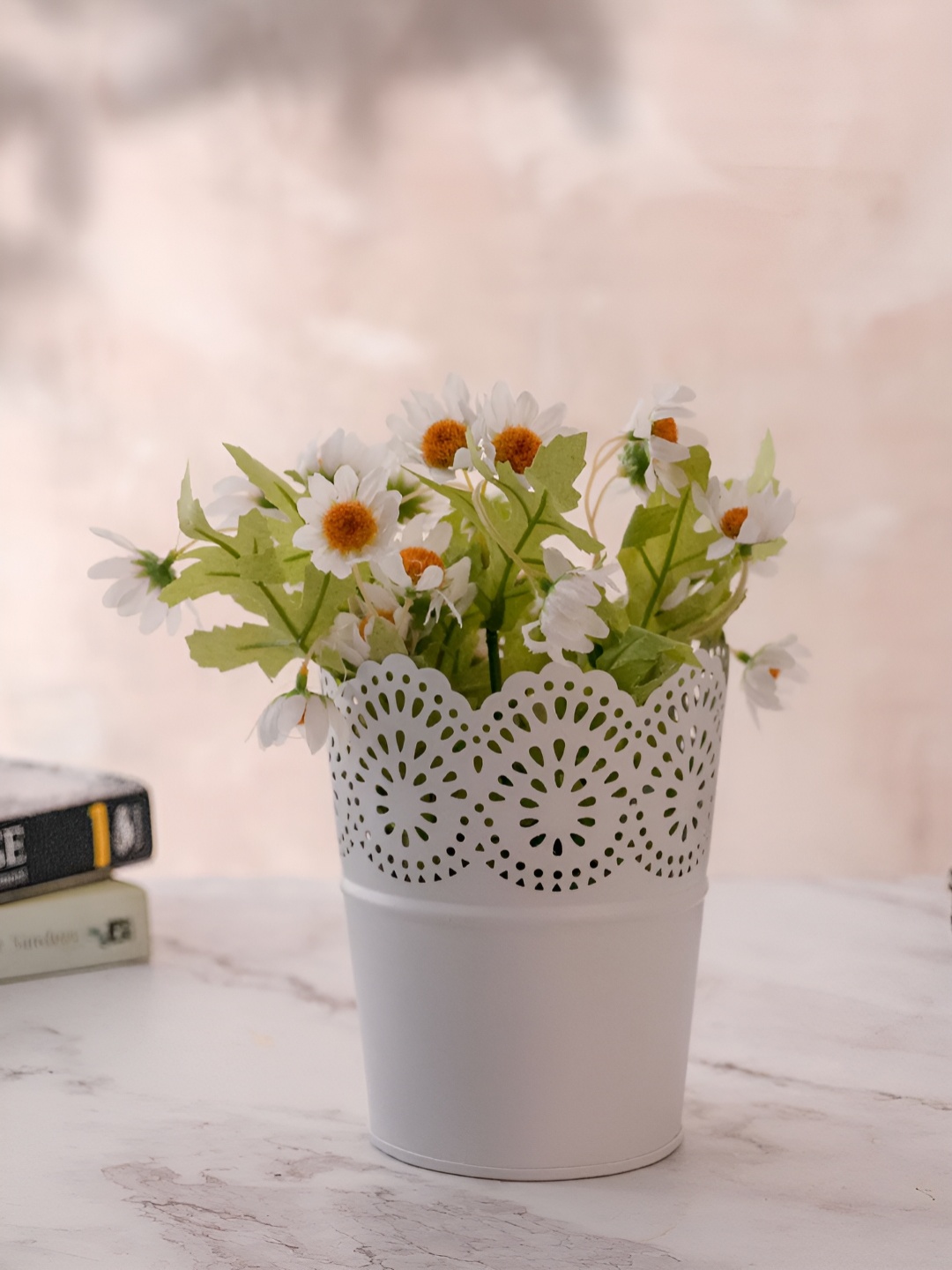 

DecorTwist White Metal Planter With Flowers