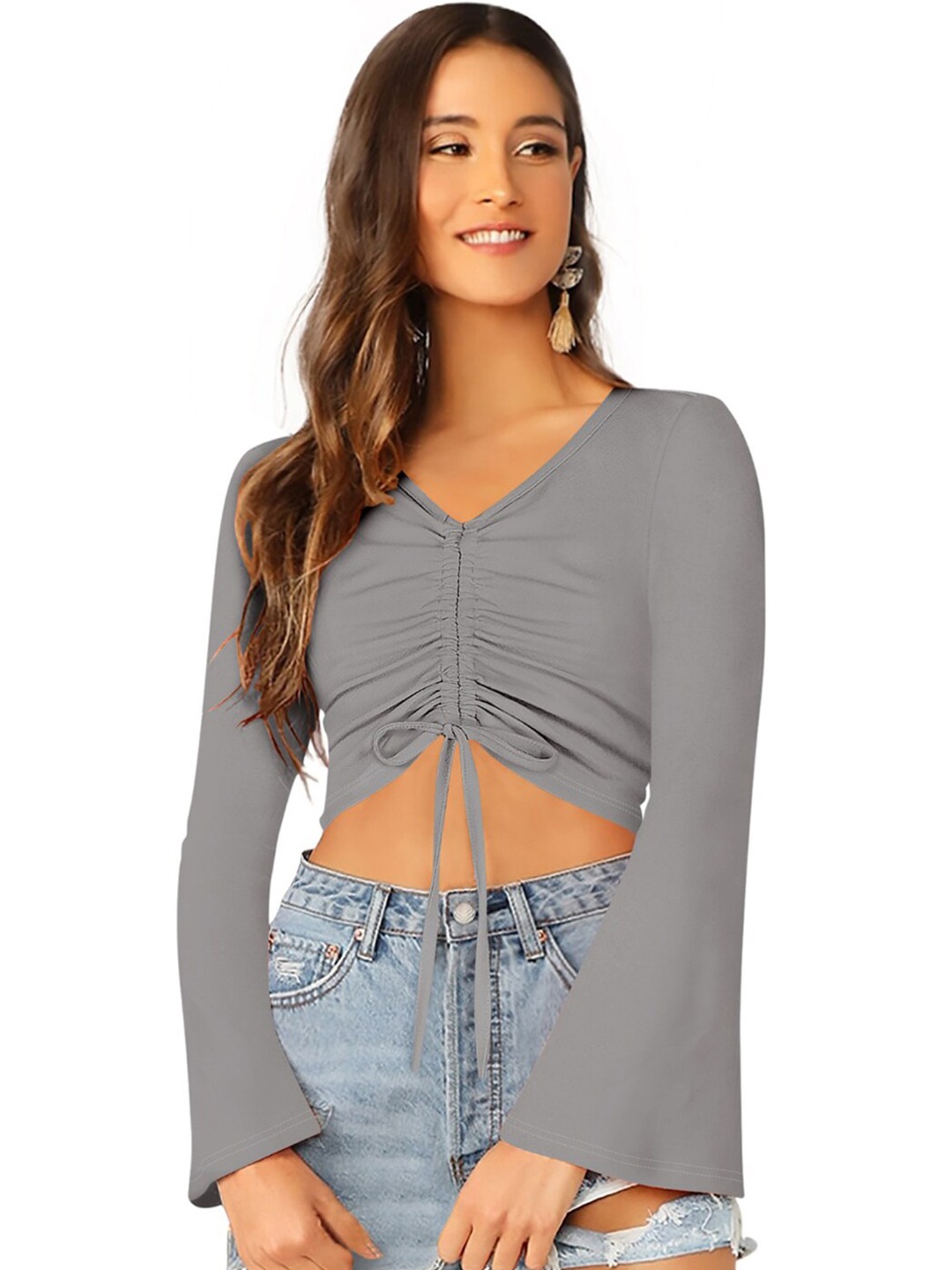 

BAESD V-Neck Flared Sleeves Ruched Cotton Fitted Crop Top, Grey