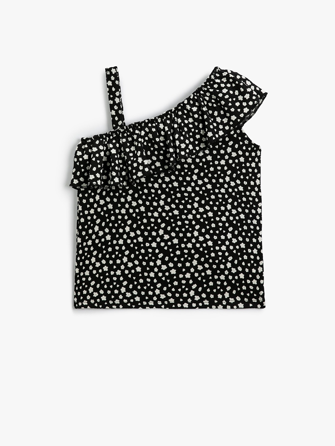 

Koton Girls Floral Printed One Shoulder Ruffles Casual Top, Black