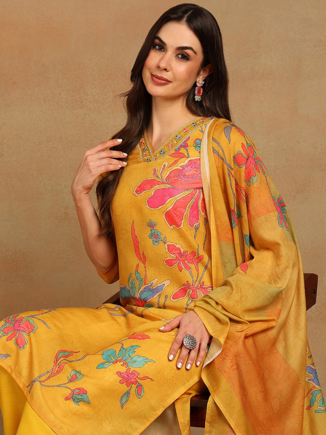 

AHIKA V-Neck Floral Printed Regular Straight Kurta with Trousers & Dupatta, Mustard