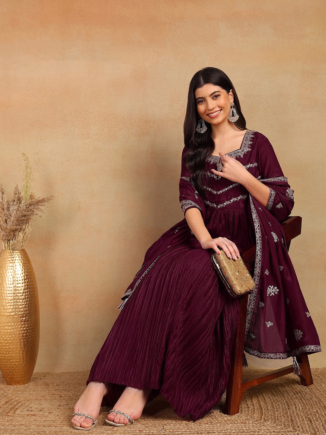 

AHIKA Square Neck Floral Embroidered Empire Kurta with Trousers & Dupatta, Purple
